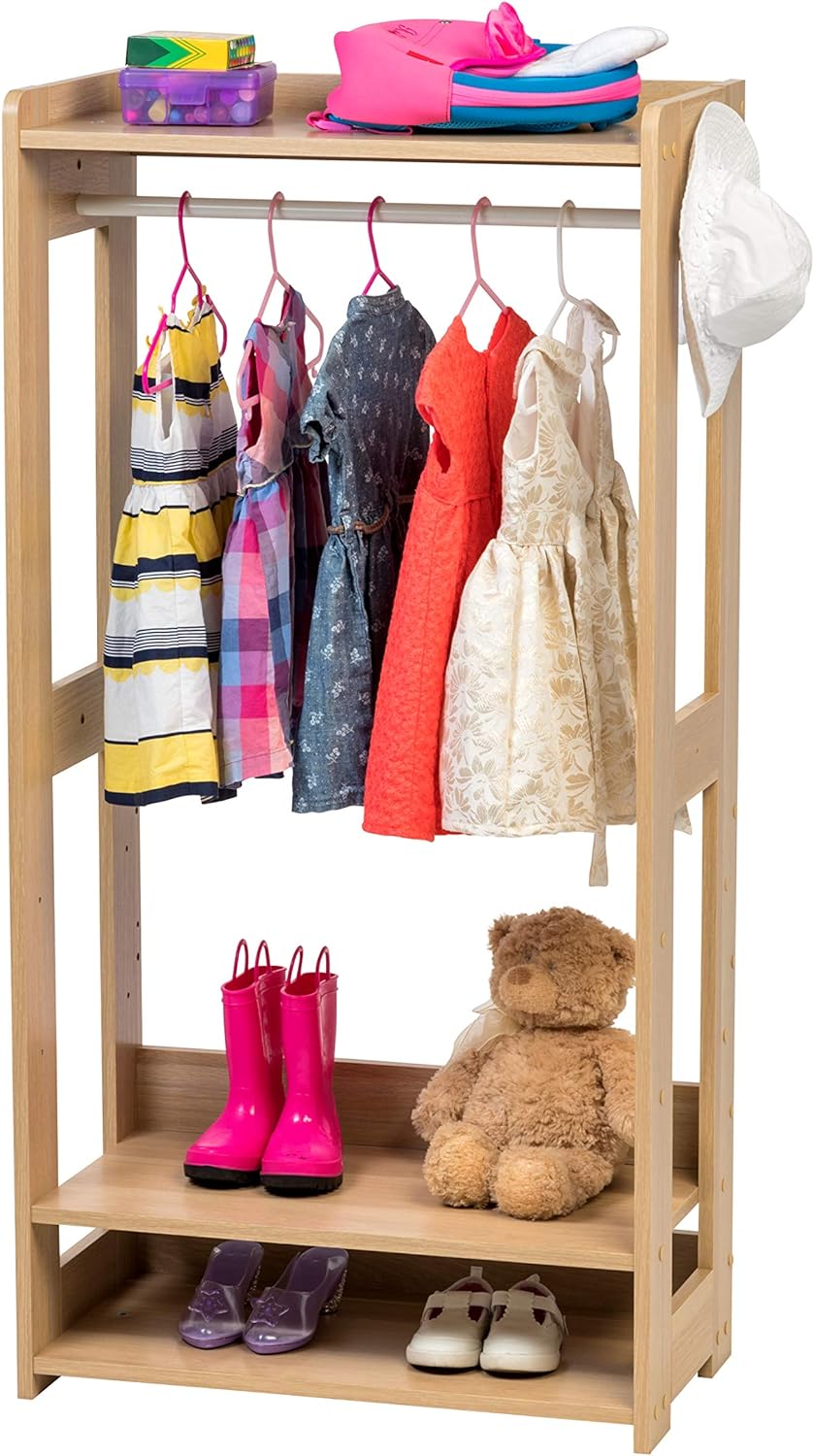 IRIS USA Open Wood Clothing Costume Garment Hanging Rack Armoire Wardrobe Dresser Organizer with Shoe Shelves and Side Hook, for Nursery, Kids Room, Closet, Dress-Up Center, Small Spaces, Light Brown