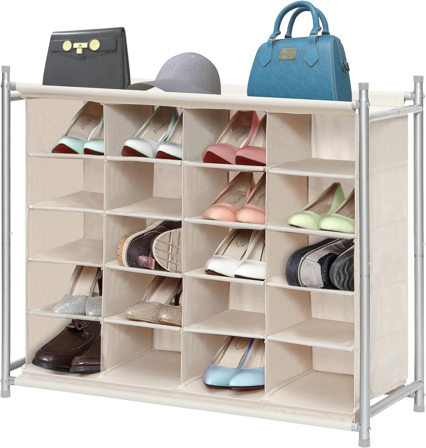 STORAGE MANIAC Stackable Shoe Cubby Organizer, Free Standing Shoe Cube Rack for Entryway, Bedroom, Apartment, Closet, 20-Cube Beige