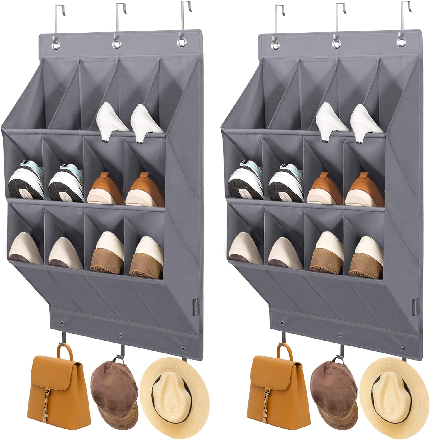 STORAGE MANIAC 2 Pack Over the Door Shoe Organizer, Hanging Shoe Organizer, 12 Large Pockets Shoe Storage Rack Organizer for Closet and Dorm Narrow Door Shoe Storage, Grey