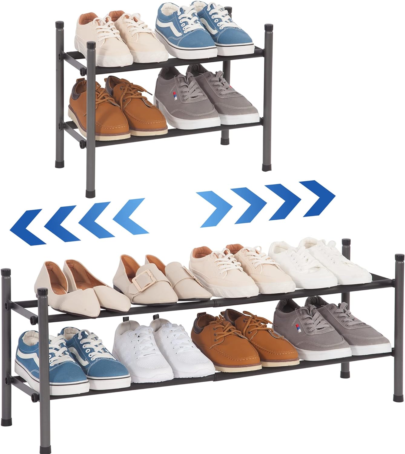 STORAGE MANIAC Expandable Shoe Rack, Stackable Shoe Rack for Closet, Small Shoe Rack Organizer for Entryway, Adjustable Shoe Rack for Garage, Shoe Rack for Front Door, Metal Shoe Rack, Black 2 Tier