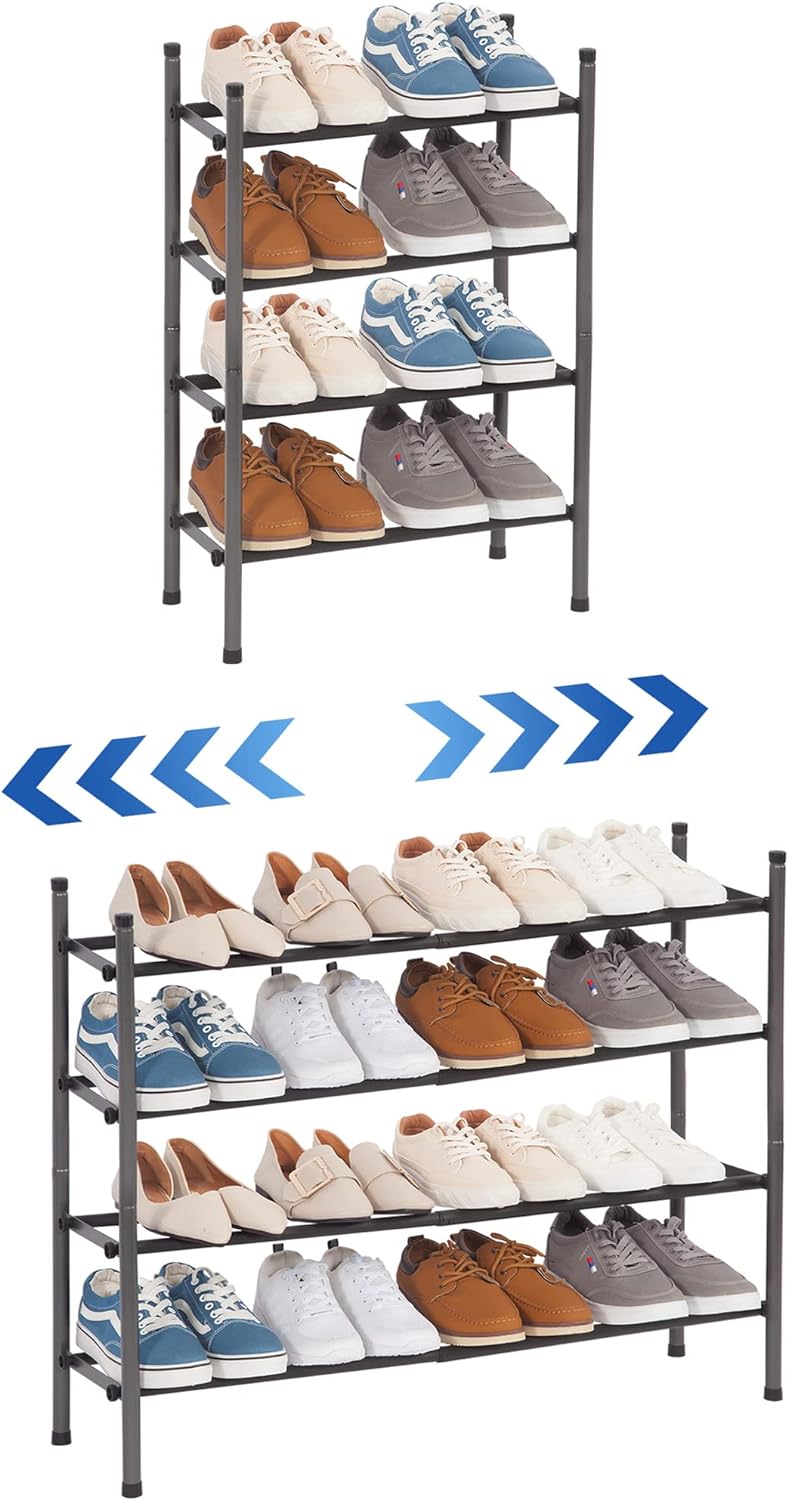 STORAGE MANIAC Expandable Shoe Rack, Stackable Shoe Rack for Closet, Small Shoe Rack Organizer for Entryway, Adjustable Shoe Rack for Garage, Shoe Rack for Front Door, Metal Shoe Rack, Black 4 Tier