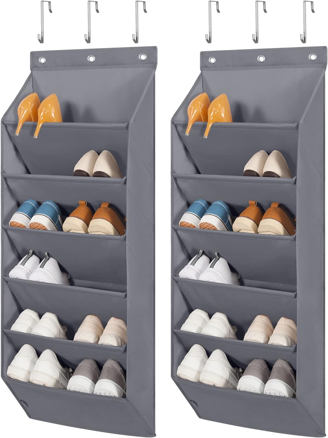 STORAGE MANIAC Over the Door Shoe Organizer, 2 Pack Hanging Shoe Organizer, 6-Tier Large Deep Pockets Door Shoe Rack 12 Pairs of Shoes Storage Rack Organizer for Closet and Dorm Narrow Door, Grey