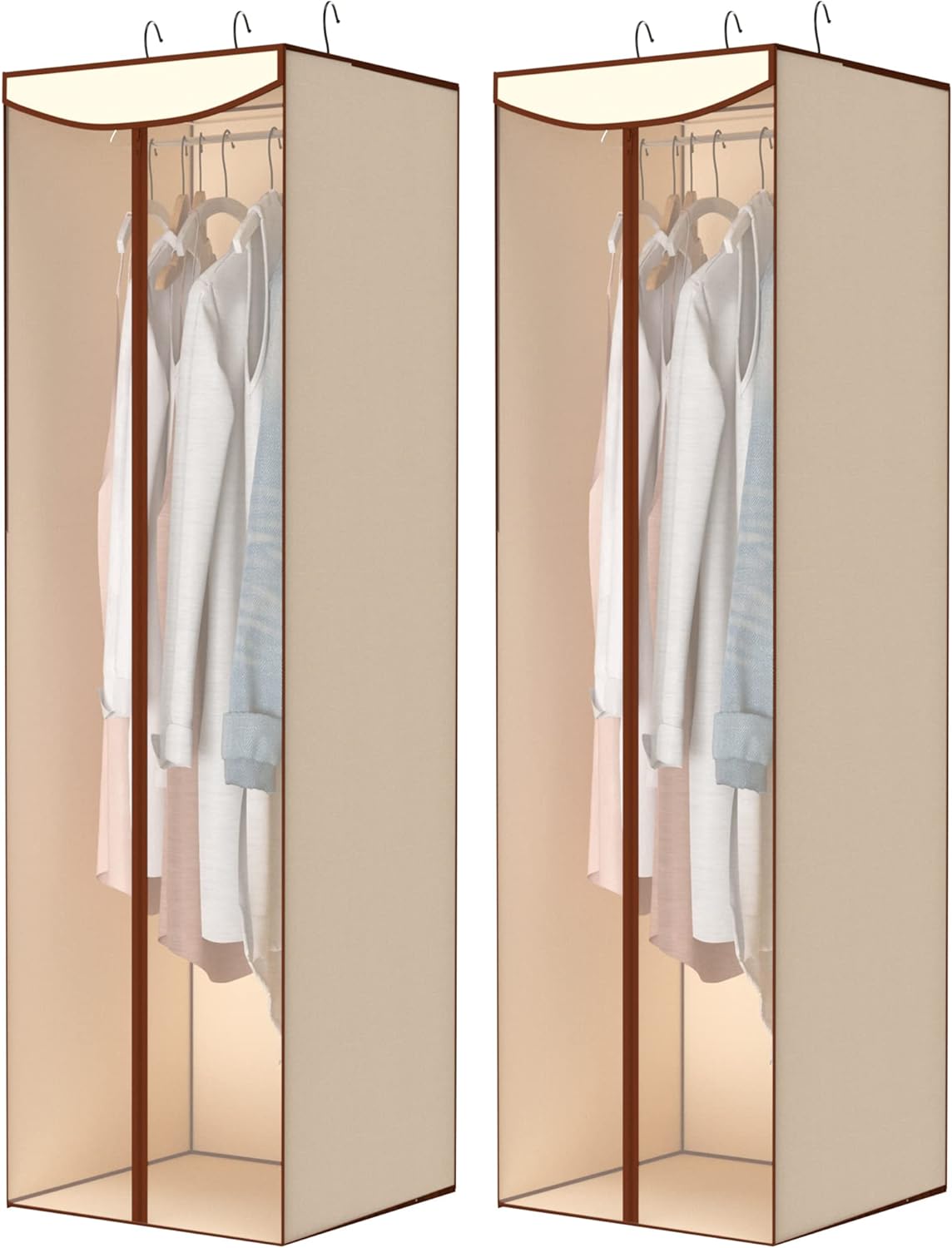 STORAGE MANIAC 2-Pack Hanging Garment Bag, Long Garment Cover for Closet, Clear Garment Bags for Storage, Large Garment Storage Bag for Dresses, Suits, Zipper Cover with Sealed Clear Window, Beige