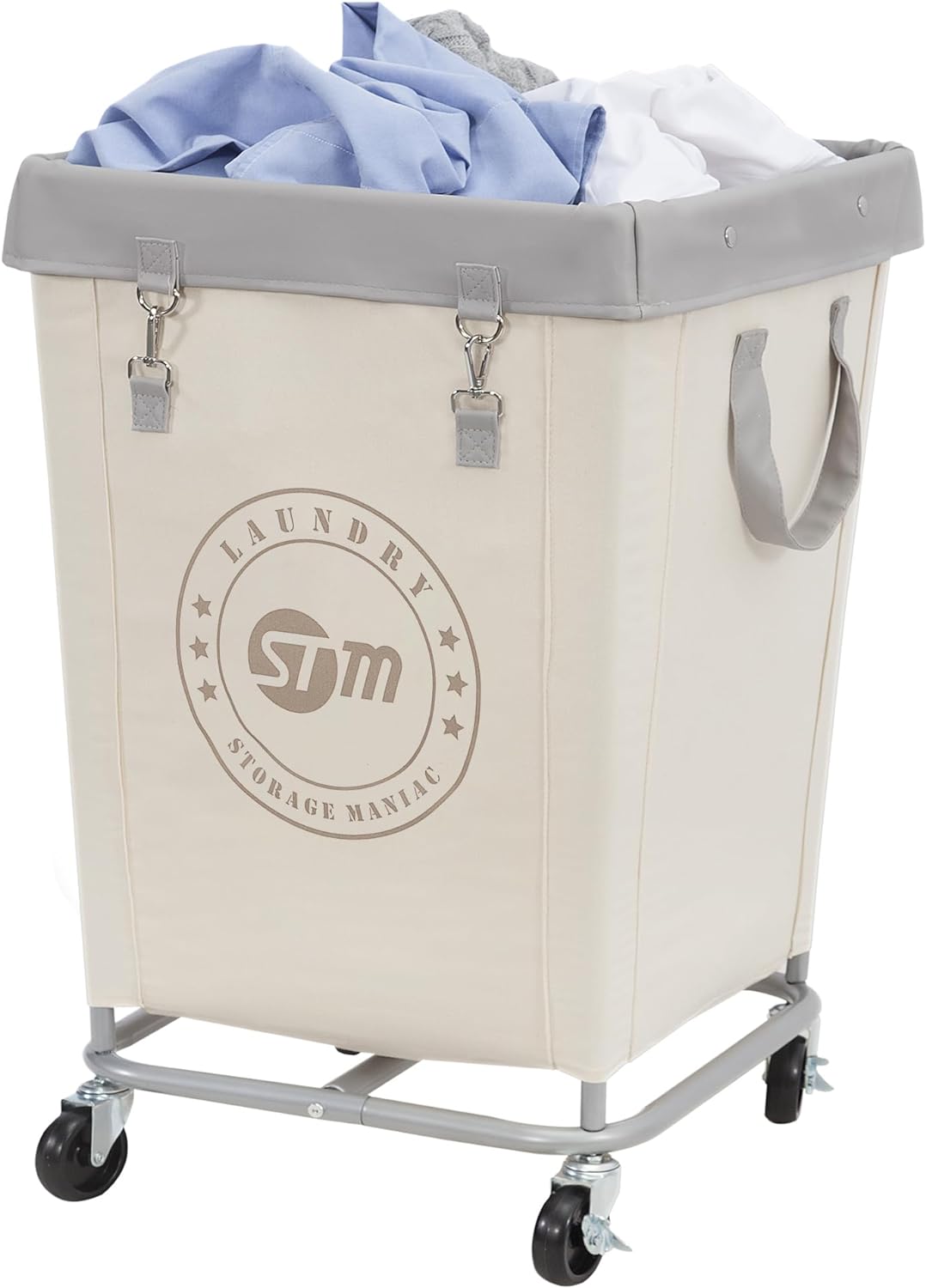 STORAGE MANIAC Commercial Laundry Hamper with Heavy Duty Steel Frame, 160 L Industrial Laundry Basket Cart with Wheels for Hotel, Home, Laundry Room, 17.72''L x 17.72''W x 30.91''H, Medium Beige