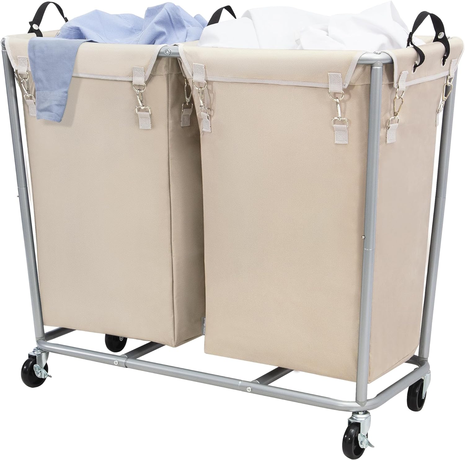 STORAGE MANIAC 280L Commercial Laundry Sorter with Wheels, 2 Section Industrial Rolling Laundry Hamper, Heavy Duty Laundry Basket Organizer with Steel Frame and Removable Bag, Beige