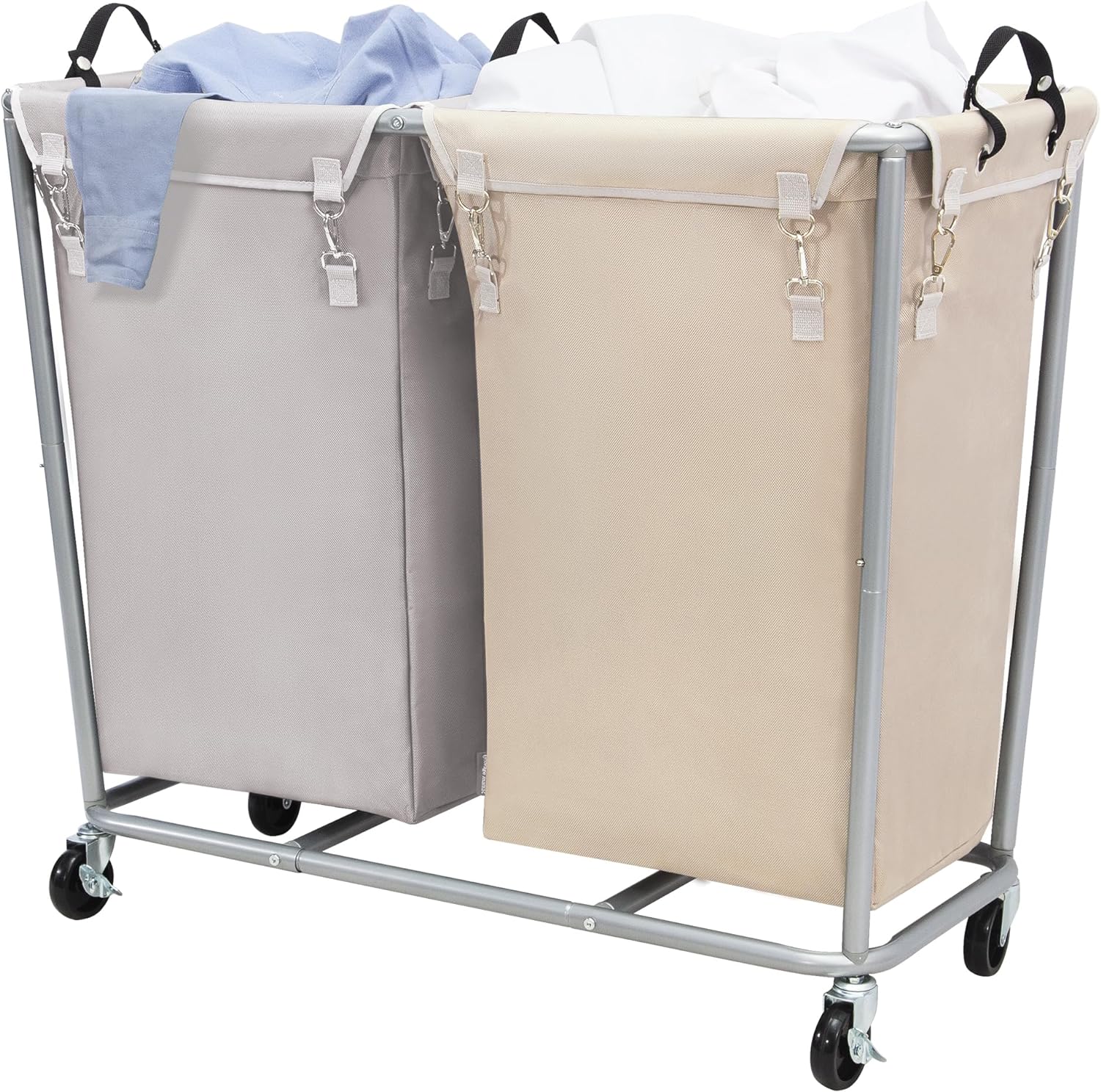 STORAGE MANIAC 280L Commercial Laundry Sorter with Wheels, 2 Section Industrial Rolling Laundry Hamper, Heavy Duty Laundry Basket Organizer with Steel Frame and Removable Bag, Beige & Gray