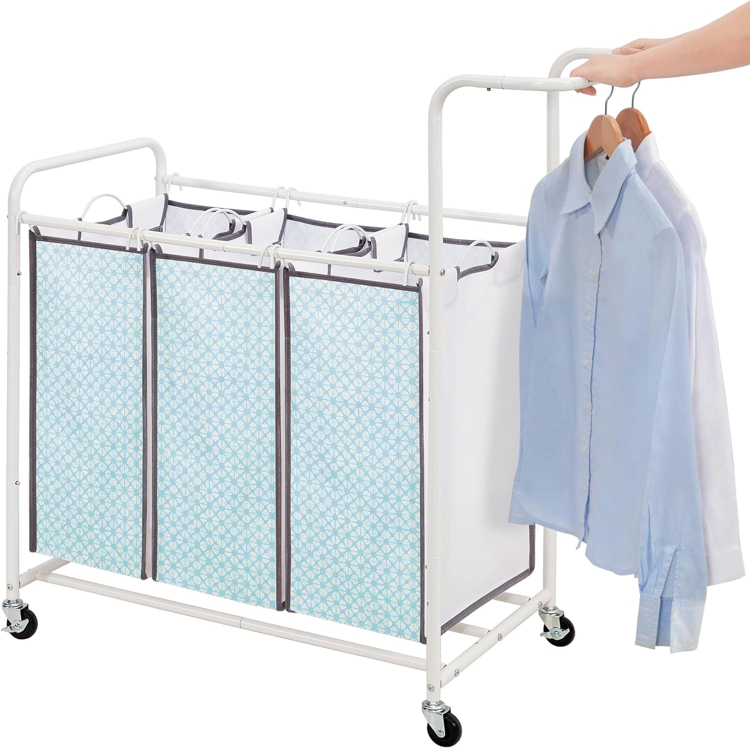 STORAGE MANIAC 3 Section Laundry Sorter, 3 Bag Laundry Hamper Cart with Heavy Duty Rolling Lockable Wheels and Removable Bags, Laundry Organizer Basket Clothes Separator Hamper, Bloom