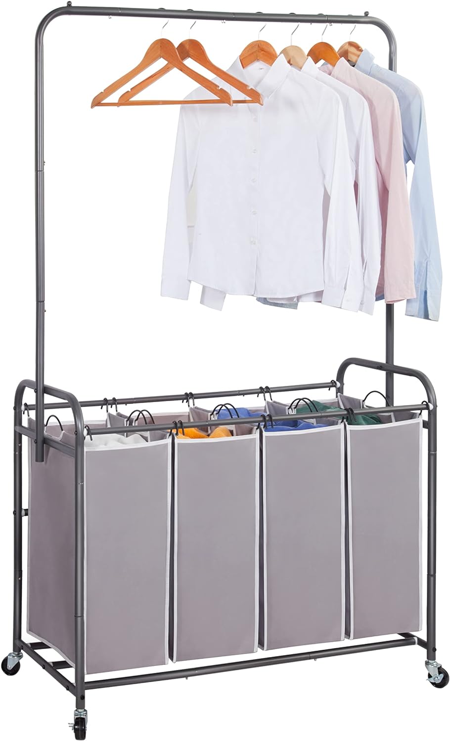 STORAGE MANIAC Laundry Sorter with Hanging Bar, Portable, Removable Laundry Hamper Cart with Heavy Duty Rolling Lockable Wheels and Removable Bags, Rolling Laundry Basket Organizer 181L, 4 Section