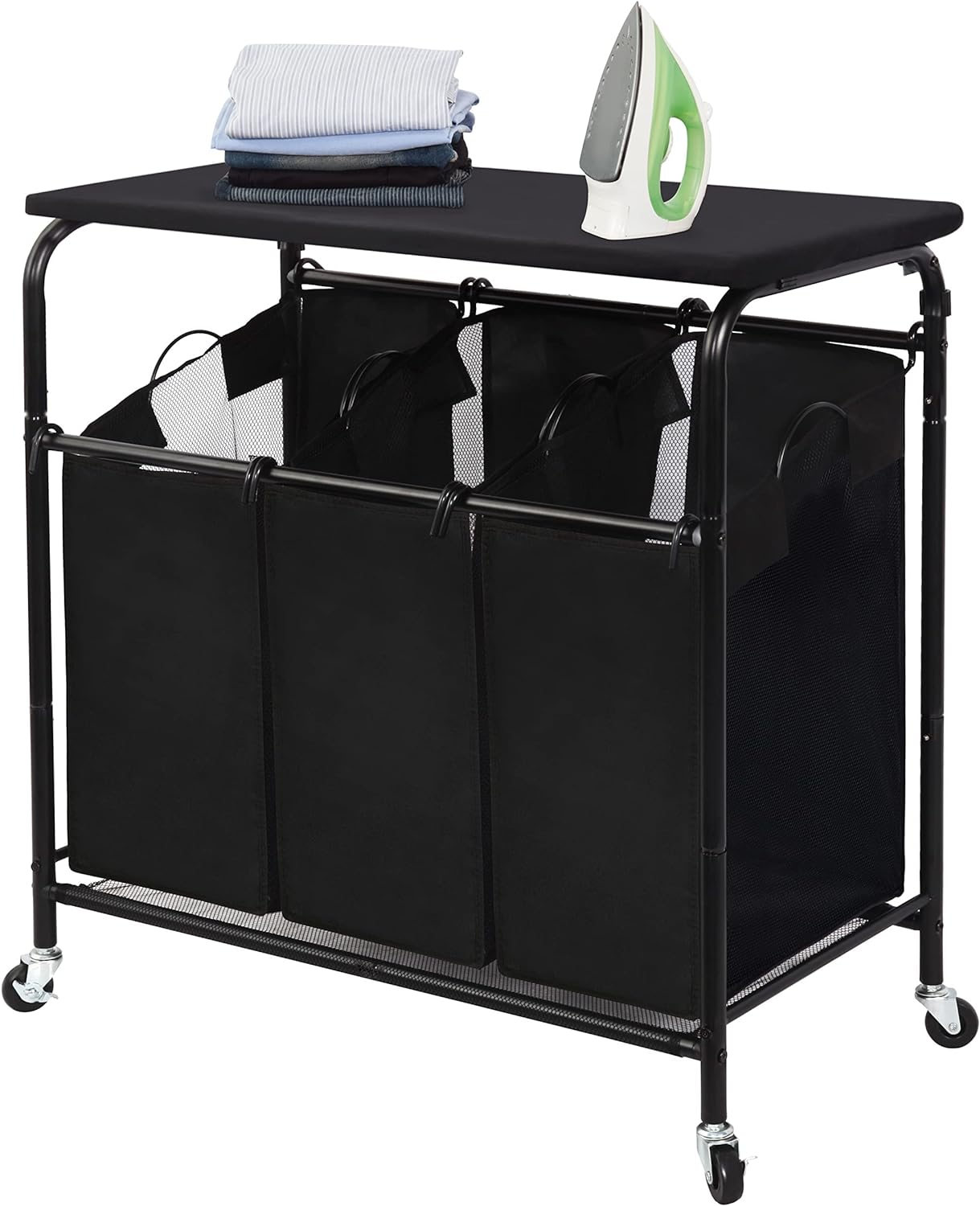 STORAGE MANIAC 3-Section Laundry Sorter with Foldable Ironing Board, Heavy-Duty Rolling Laundry Cart with and Removable Bags, Triple Laundry Hamper with Wheels, Matte Black