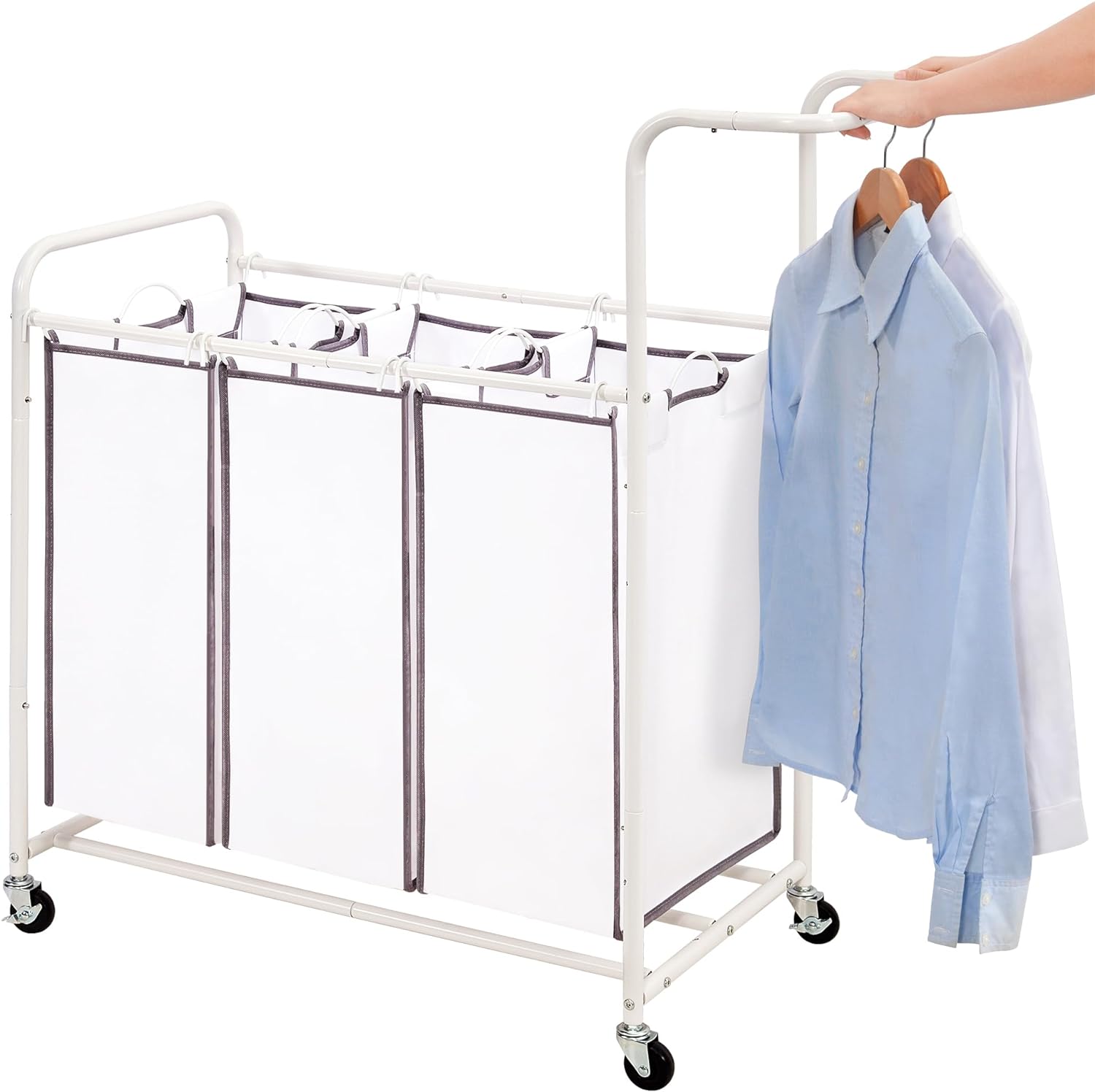 STORAGE MANIAC 3 Section Laundry Sorter, 3 Bag Laundry Hamper Cart with Heavy Duty Rolling Lockable Wheels and Removable Bags, Laundry Organizer Basket Clothes Separator Hamper, White