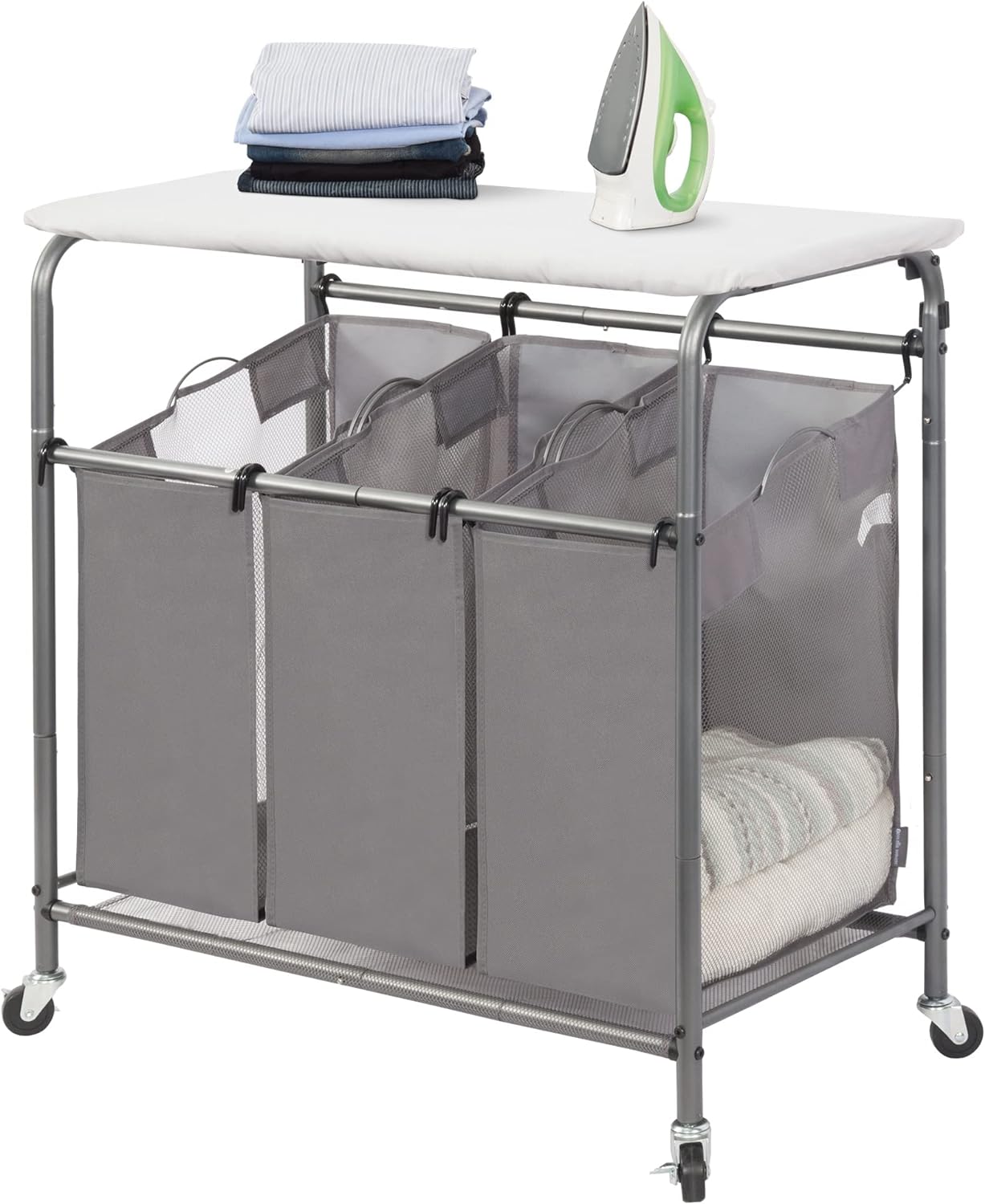 STORAGE MANIAC 3-Section Laundry Sorter with Foldable Ironing Board, Heavy-Duty Rolling Laundry Cart with and Removable Bags, Triple Laundry Hamper with Wheels, Dark Grey