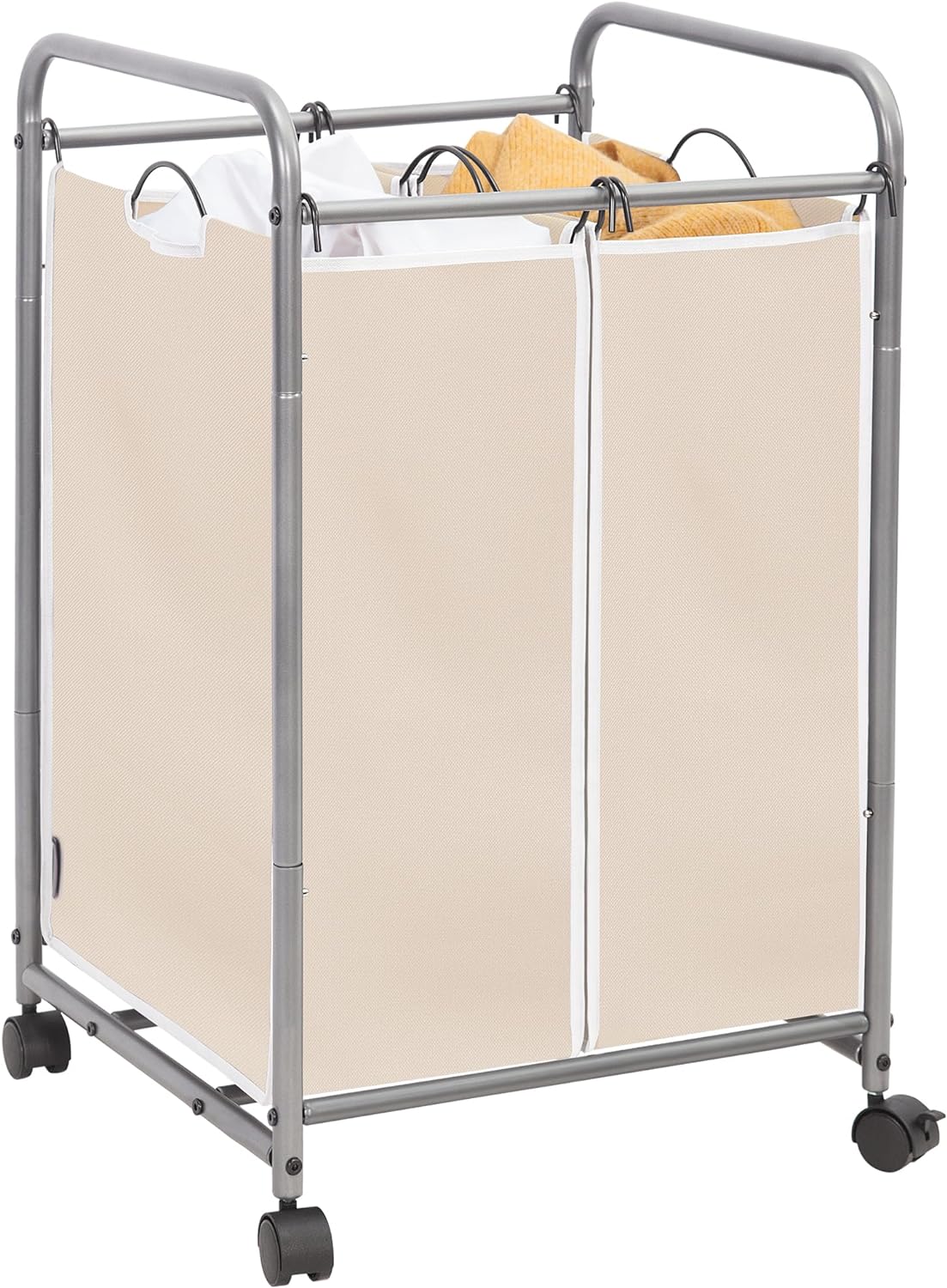 STORAGE MANIAC Laundry Sorter 2 Section, 90 L Laundry Hamper with Wheels, Laundry Basket Sorter, Laundry Separator Hamper, Laundry Organizer, 2 Bag Laundry Cart with Wheels and Removable Bags, Beige