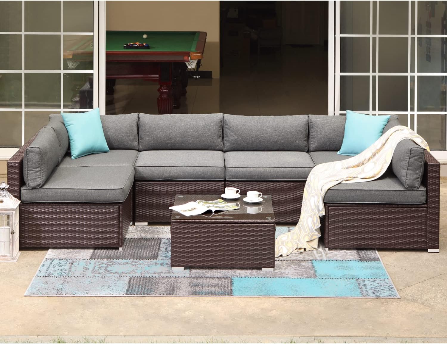 COSIEST 7-Piece Outdoor Patio Furniture Chocolate Brown Wicker Executive Sectional Sofa w Dark Grey Thick Cushions, Glass-Top Coffee Table, 2 Turquoise Pillows Incl, Clips