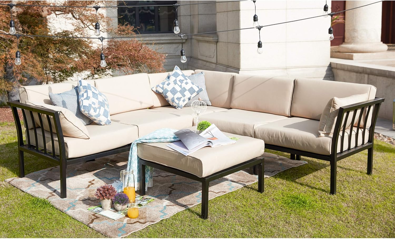 LOKATSE HOME 6 Piece Patio Conversation Set Outdoor Furniture Sectional Sofa with 3 Corner Couch 2 Armless Chair and 1 Ottoman, 6Pcs, Khaki Cushions