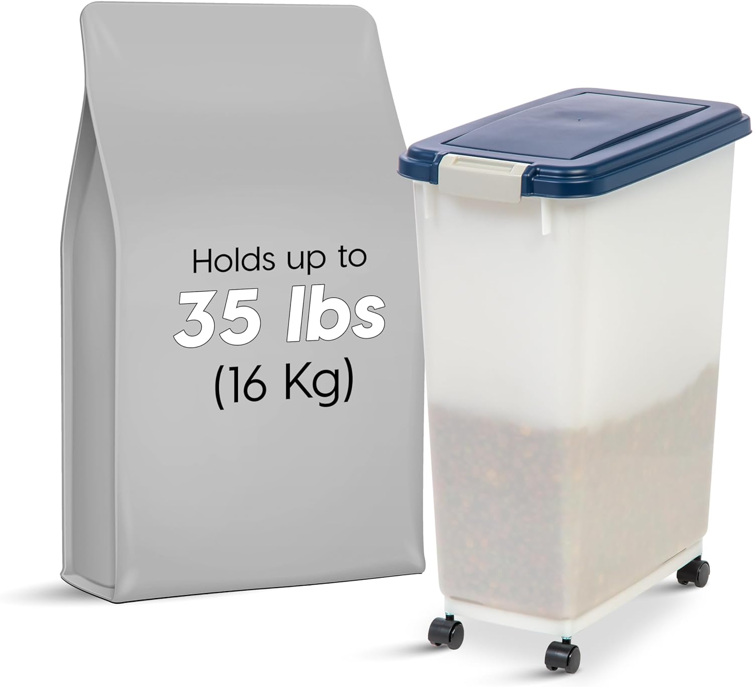 IRIS USA 35 Lbs / 47 Qt WeatherPro Airtight Pet Food Storage Container with Attachable Casters, For Dog Cat Bird and Other Pet Food Storage Bin, Keep Pests Out, Easy Mobility, BPA Free, Navy/Pearl