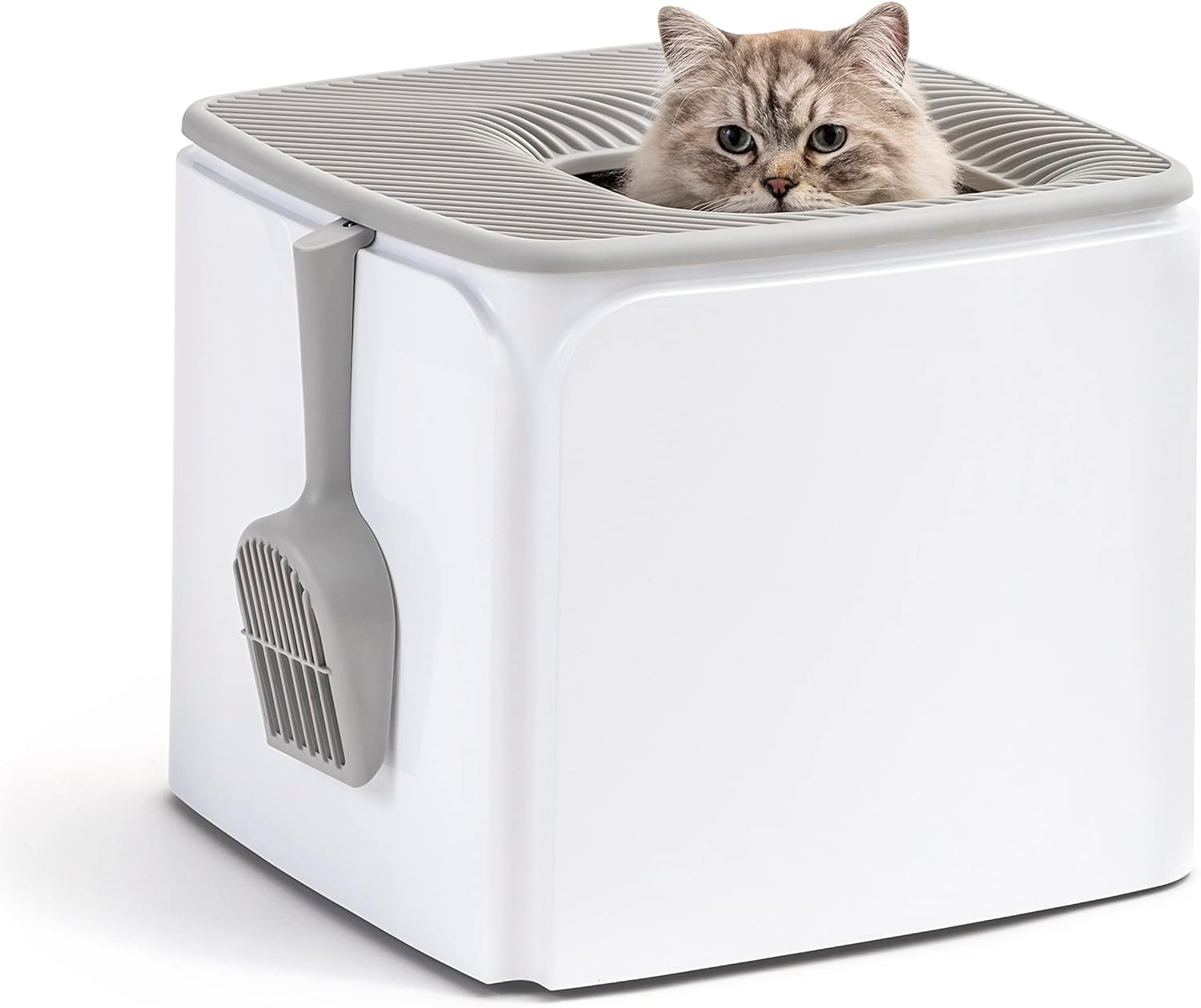 IRIS USA Premium Square Top Entry Cat Litter Box with Scoop, Kitty Litter Pan with Litter Particle Catching Cover and Privacy Walls, White/Gray