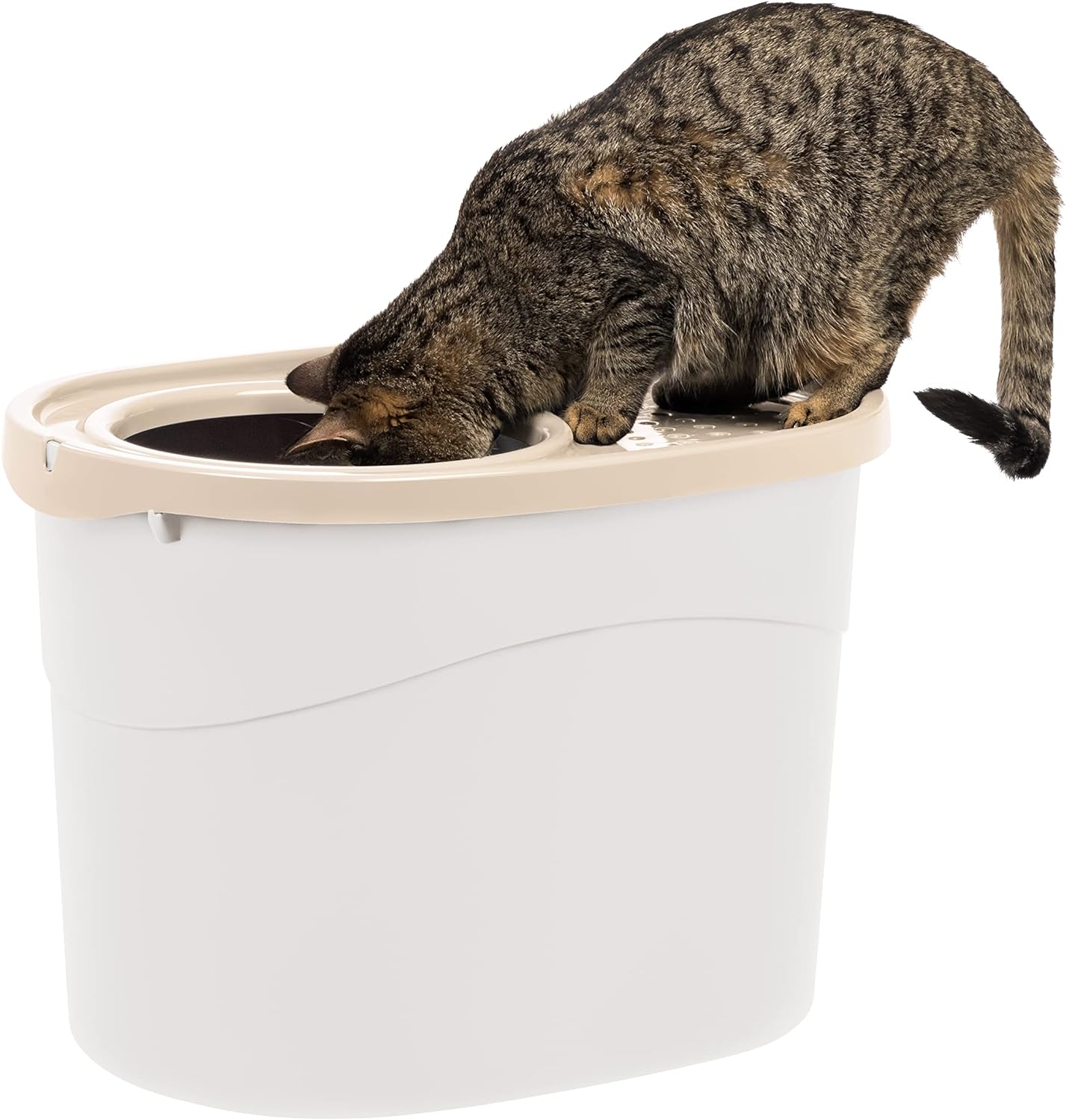 IRIS USA Oval Top Entry Cat Litter Box with Scoop, Kitty Litter Tray with Litter Catching Lid Less Tracking Dog Proof and Privacy Large, White/Beige