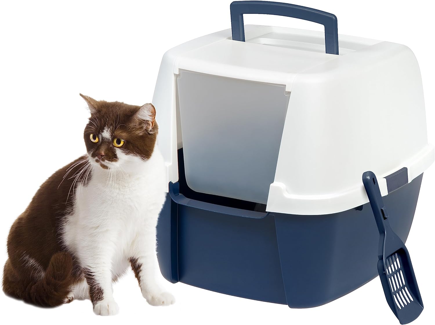 IRIS USA Jumbo Enclosed Cat Litter Box with Front Door Flap and Scoop, Hooded Kitty Litter Tray with Easy Access Lift Top Handle and Buckles for Portability and Privacy, Navy/White