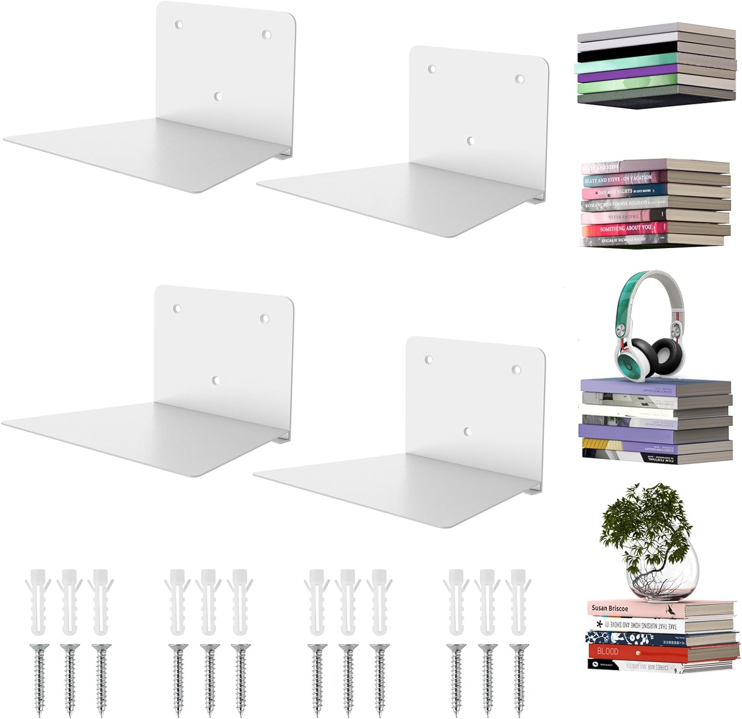 Mefirt Floating Bookshelves, Invisible Bookshelf Metal, Floating Book Shelves for Wall Mounted, Floating Shelves for Bedroom Living Room Office Study Room, Wall Bookshelf, 4 Pack, White