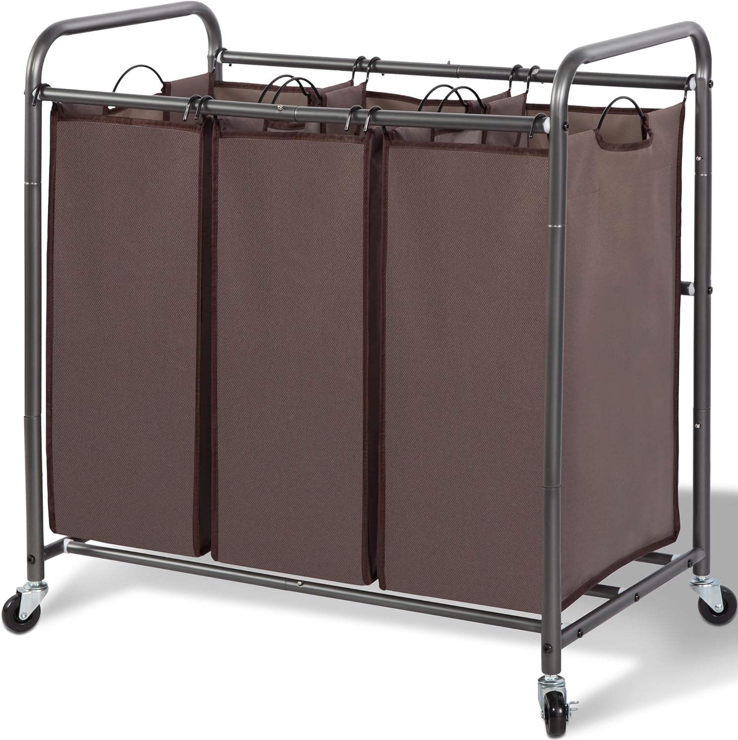 STORAGE MANIAC 3 Section Laundry Sorter, 3 Bag Laundry Hamper Cart with Heavy Duty Rolling Lockable Wheels and Removable Bags, Laundry Organizer Laundry Basket Laundry Clothes Separator Hamper, Brown