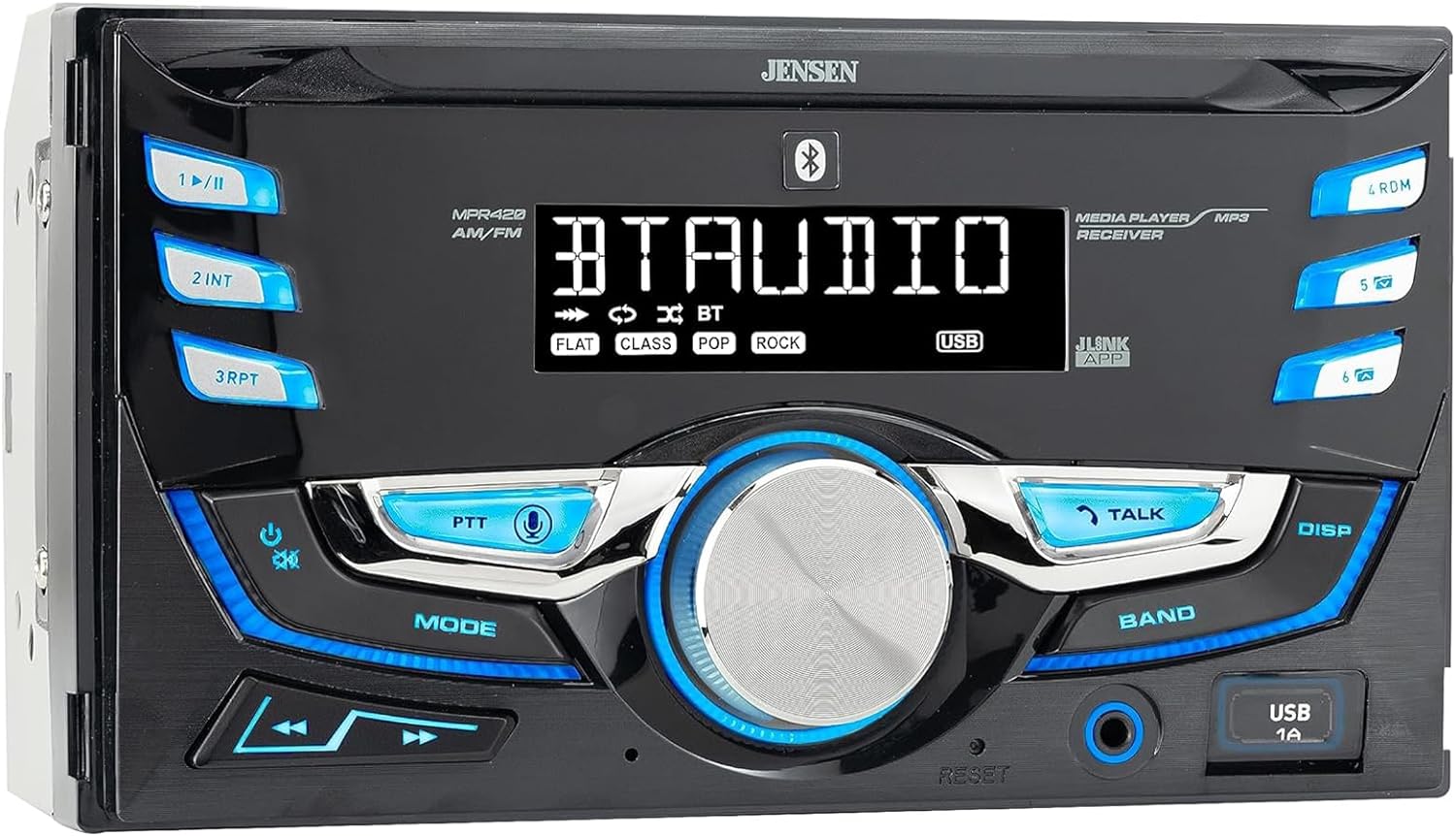 Jensen MPR420 7 Character LCD Double DIN Car Stereo Radio | Push to Talk Assistant | Bluetooth Hands Free Calling & Music Streaming | AM/FM Radio | USB Playback & Charging | Not a CD Player