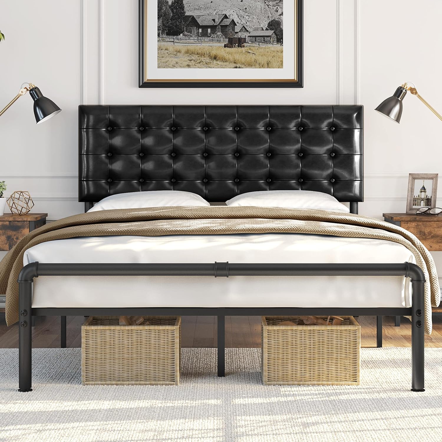 Yaheetech Queen Bed Frame Metal Platform Bed with Faux Leather Height-Adjustable Headboard, 12 Inch Underbed Storage/Noise Free/No Box Spring Needed/Industrial Pipe Foot End, Elegant Black Queen Bed