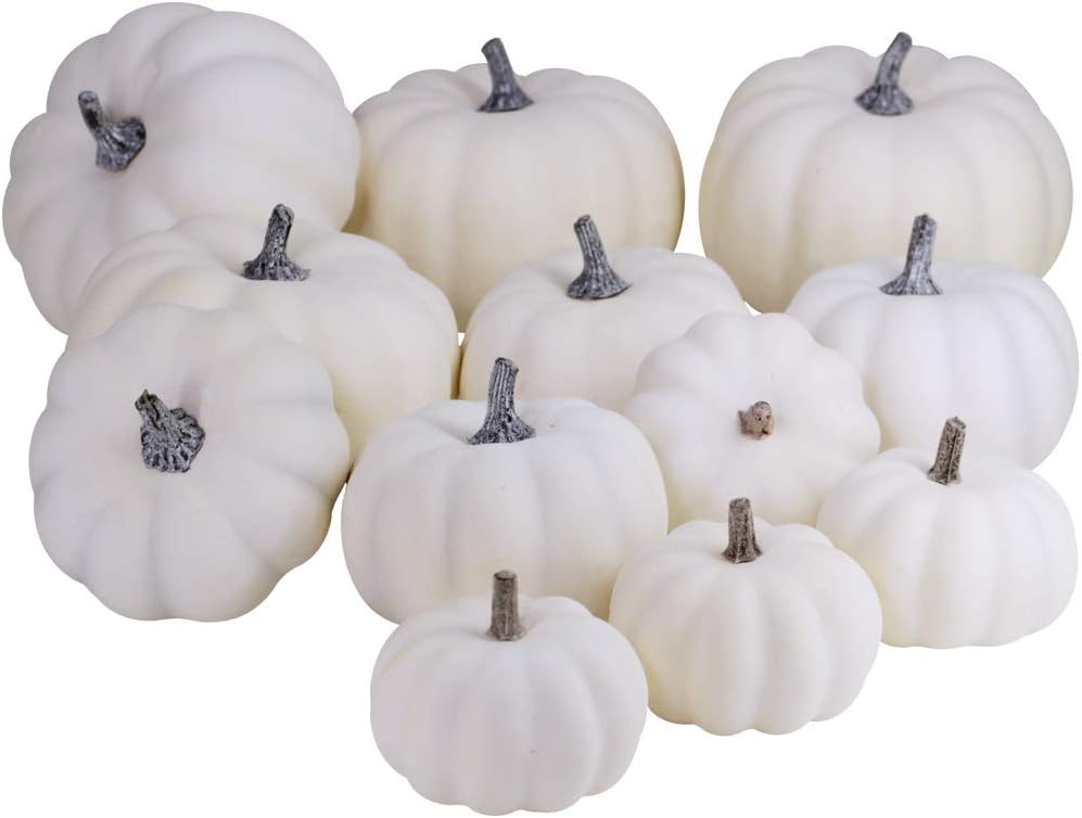 BESTTOYHOME 12 PCS Assorted Sizes Rustic Harvest White Artificial Pumpkins for Halloween, Fall Thanksgiving Decorating Harvest Embellishing and Displaying