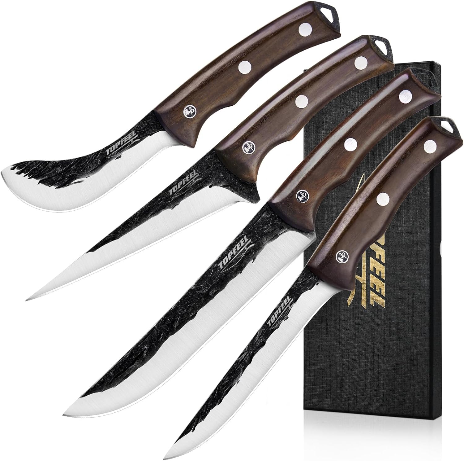 Topfeel 4PCS Hand Forged Butcher Knife Set - Slicing Knife,Boning Knife, Dividing knife,Skinning Butcher Knife,High Carbon Steel Meat Cutting Knife for Home Kitchen & Outdoor