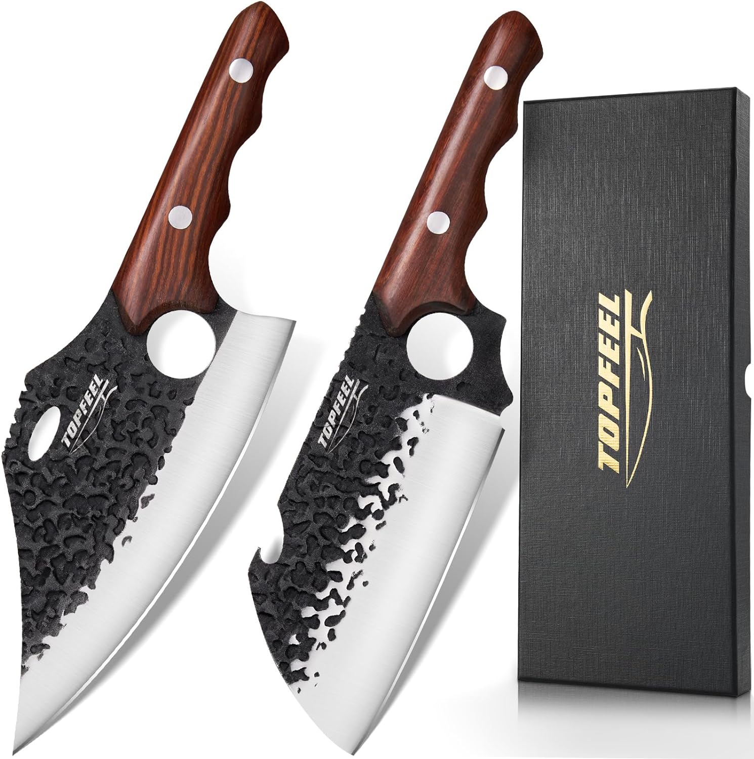 Topfeel 2PCS Butcher Cleaver Knife Set- Meat Clvear Knife & Tactical Chopper Knife, Hand Forged Meat Cutting Chopping Knife for Home, Outdoor Cooking, Camping BBQ