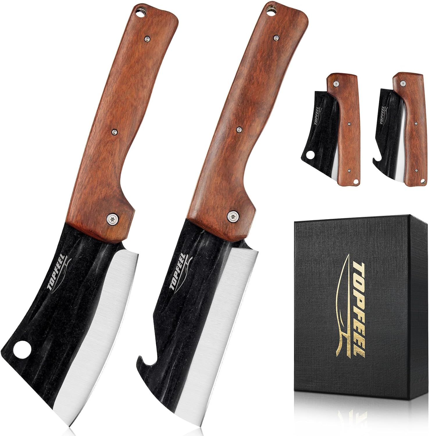 Topfeel 2PCS Folding Knife with Pocket Clip, Pocket Knife Mens Gift knife set, Hand Forged Sharp Chef Knife Set for Outdoor Sports Camping BBQ,Hunting,Fishing or Home