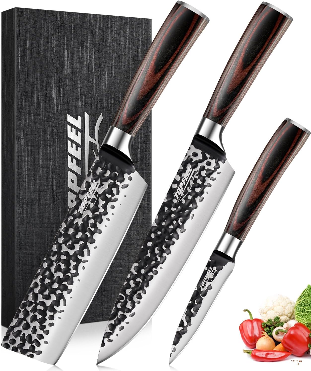Topfeel 3PCS Professional Kitchen Knife Set Forged Hammered Japanese Chef Knife Sharp German High Carbon Stainless Steel 8 inch Chef' Knife 7 inch Nakiri Knife 5 inch Utility Knife