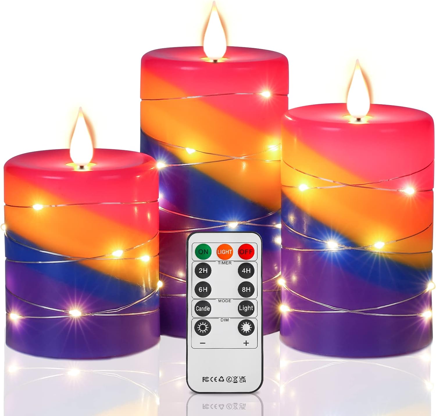 Flameless Candles Battery Operated LED Flickering Candles with Embedded String Lights Pillar Rainbow Candles with Remote Control Timer 4'' 5'' 6'' Candles Set of 3, Real Wax