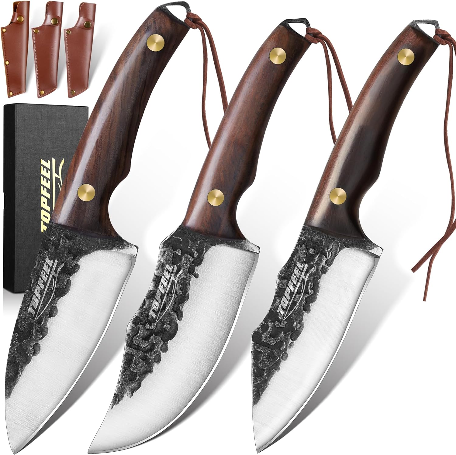 Topfeel 3PCS Viking Knife Set with Sheath Hand Forged Boning Knife Butcher Meat Cleaver Knife Japan Kitchen Knife for Home, Outdoor, BBQ, Camping Father Day Gifts