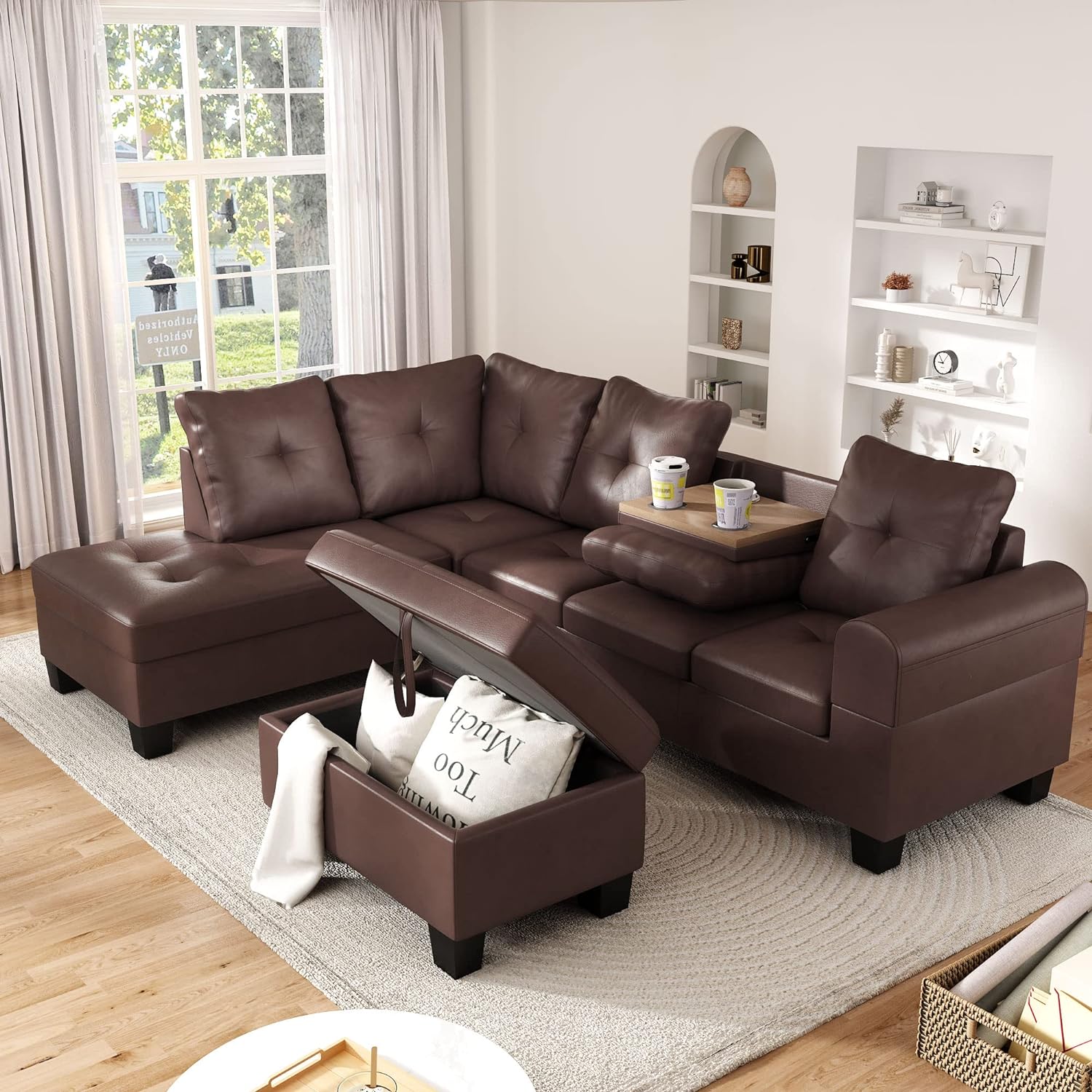 Lamerge Sectional Sofa Couch for Living Room, Modular Sectional Sofa with 6 Seats L Shaped Sofa Set with PU Leather Ottoman, Button Tufted Comfy Living Room Sofa Couch for Small Place