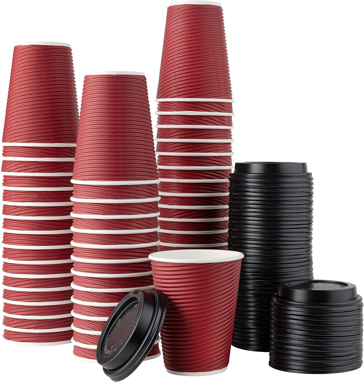 PLASTICPRO [50 Sets - 12 oz.] Insulated Rippled Double Wall Paper Hot Coffee Cups With Lids, Burgundy