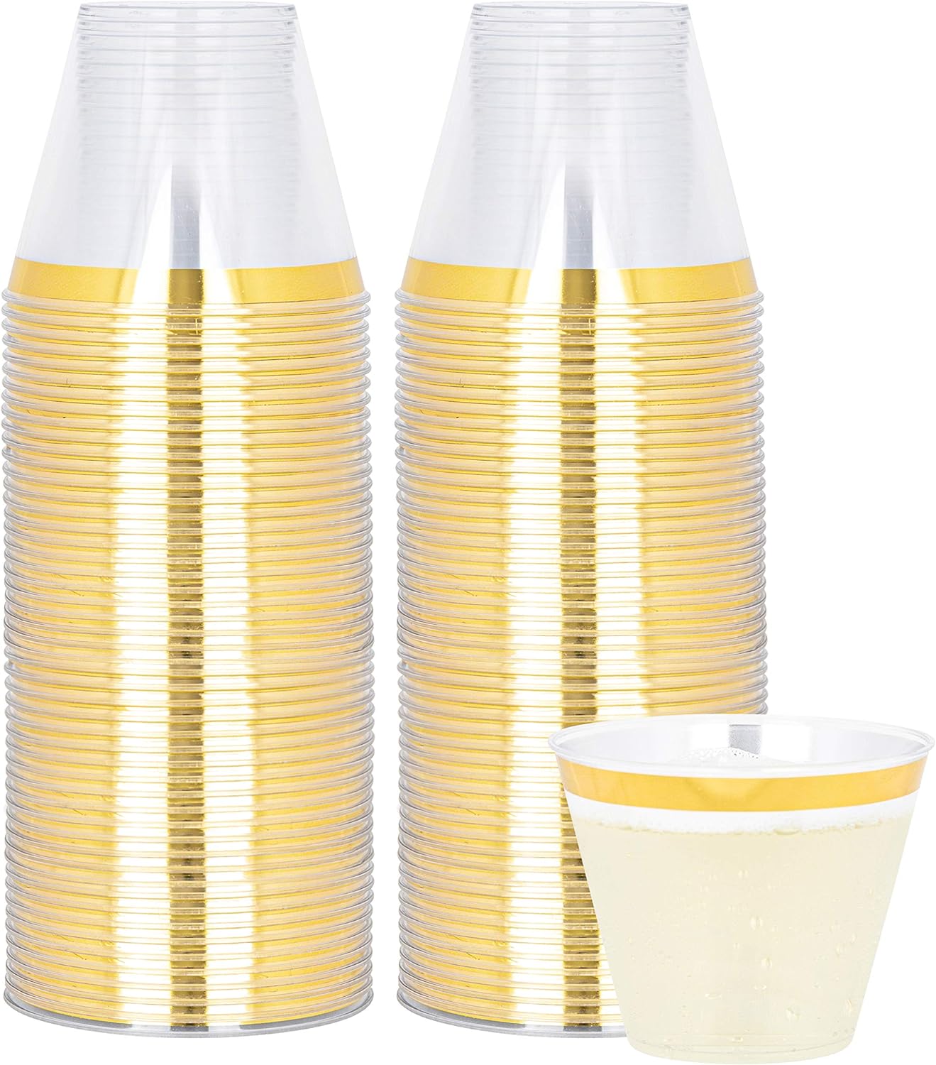 PLASTICPRO 9 oz Disposable Plastic Party Cups,Old fashioned Designed Tumblers, With gold Rim 100 Count, Crystal Clear
