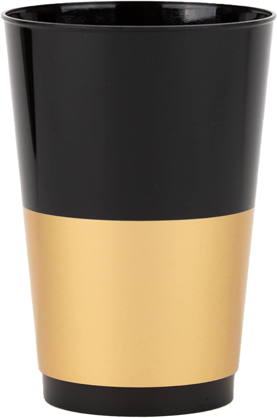 PLASTICPRO Disposable 12 oz Black Plastic Tumblers With Gold Band for Party' & Weddings pack of 40