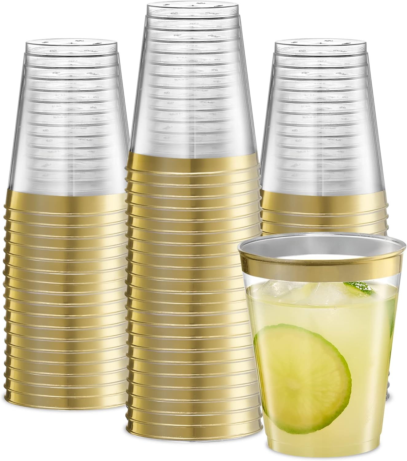 PLASTICPRO Disposable 8 oz Crystal Clear Plastic Tumblers With Gold Rim for Party' & Weddings pack of 50