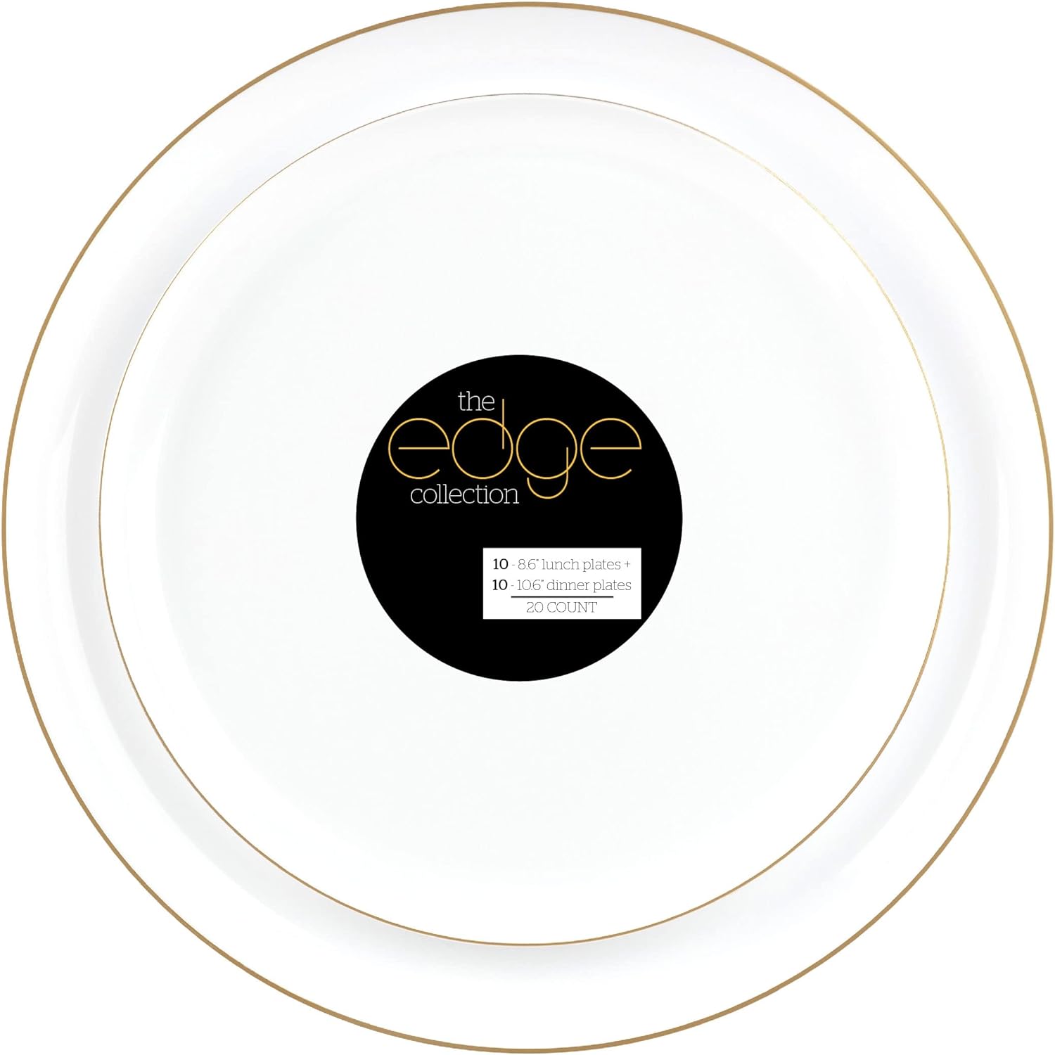 PLASTICPRO 20 Piece Combo Plates Set includes 10-8.6'' inch Plates & 10-10.6'' inch Plates White Plastic Plates with Gold Rim Party Plates, Premium heavyweight Elegant, Disposable, Tableware