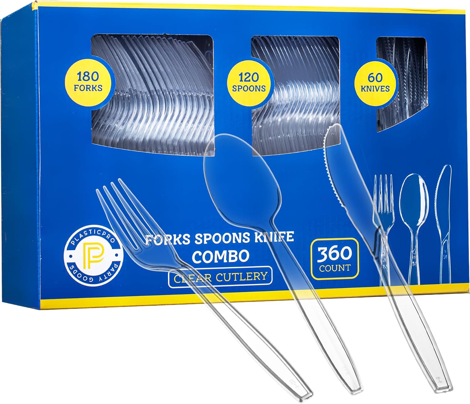 Plasticpro 360 Count Clear Heavyweight Disposable Plastic Silverware - Cutlery 360 Combo Box (including 180 Forks 120 Spoons 60 Knives)
