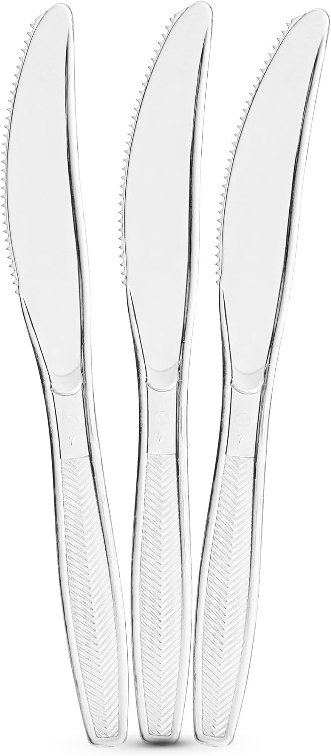 PLASTICPRO Clear Plastic Knives Disposable Cutlery Medium Weight Utensils 300 Count