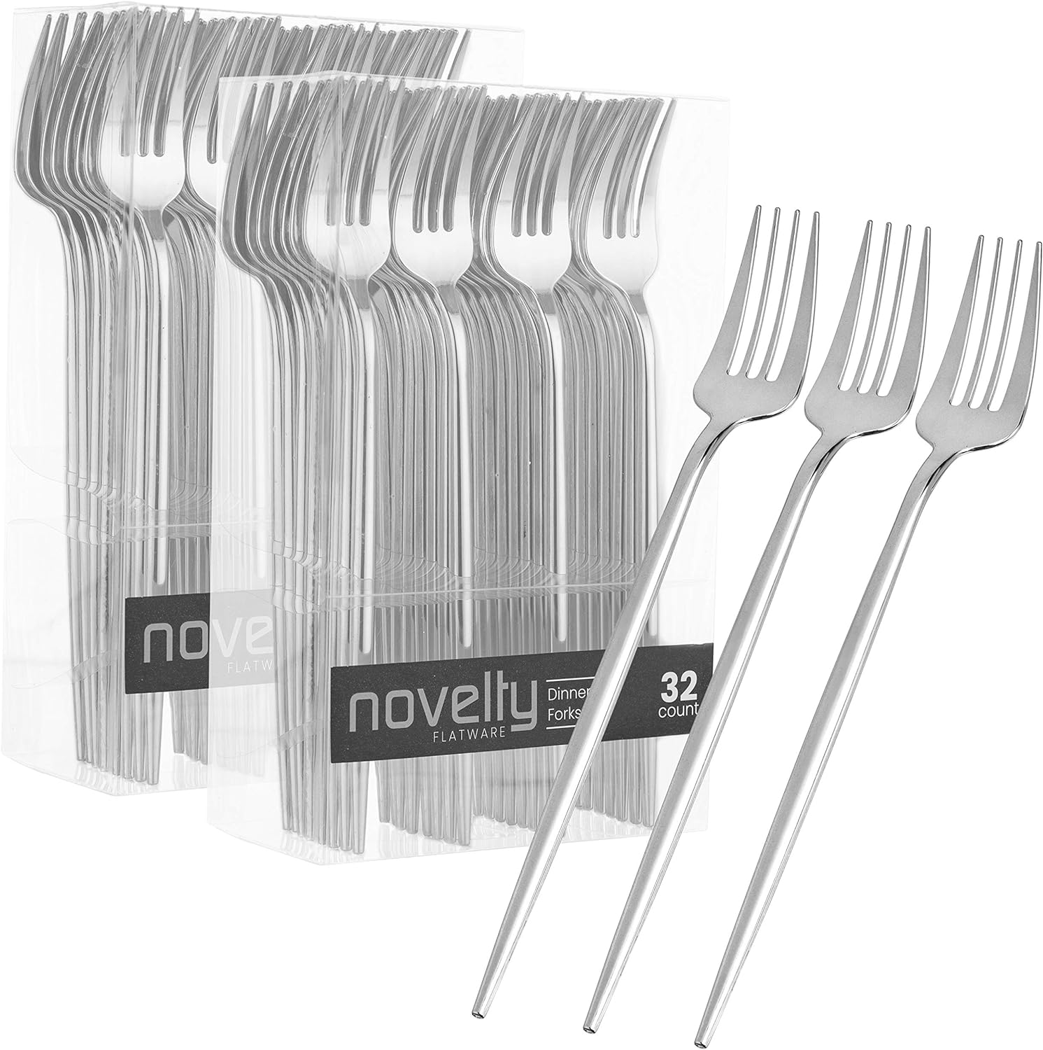 Novelty Modern Flatware, Cutlery, Disposable Plastic Dinner forks Luxury Silver 64 Count