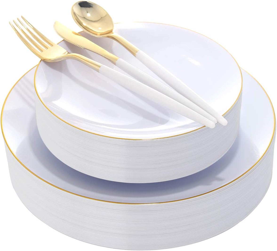 DaYammi 30 Guests Gold Plastic Plates with Disposable Silverware, Gold Cutlery with White Handle, White&Gold Disposable Dinnerware for Parties Wedding