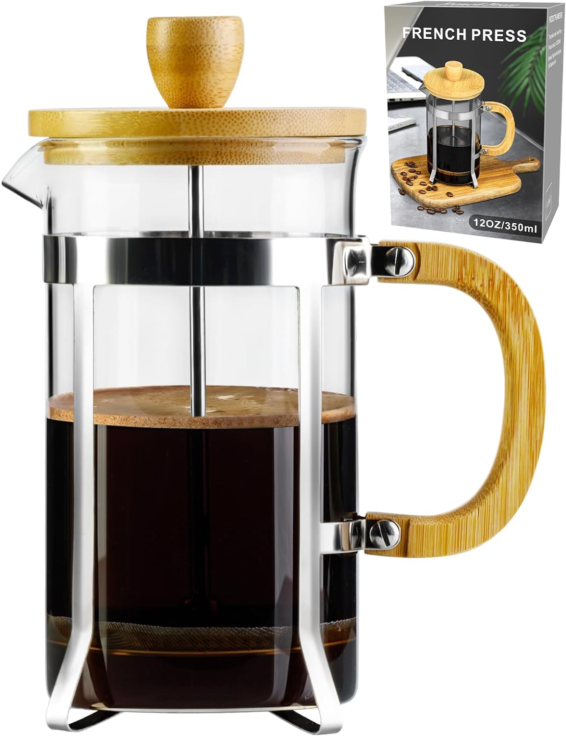 PARACITY French Press Coffee Maker, Mini Coffee Press with Bamboo Handle, French Press of 18/8 Stainless Steel Filter and Heat Resistant Glass, 12OZ Portable Coffee Maker for Travel& Home