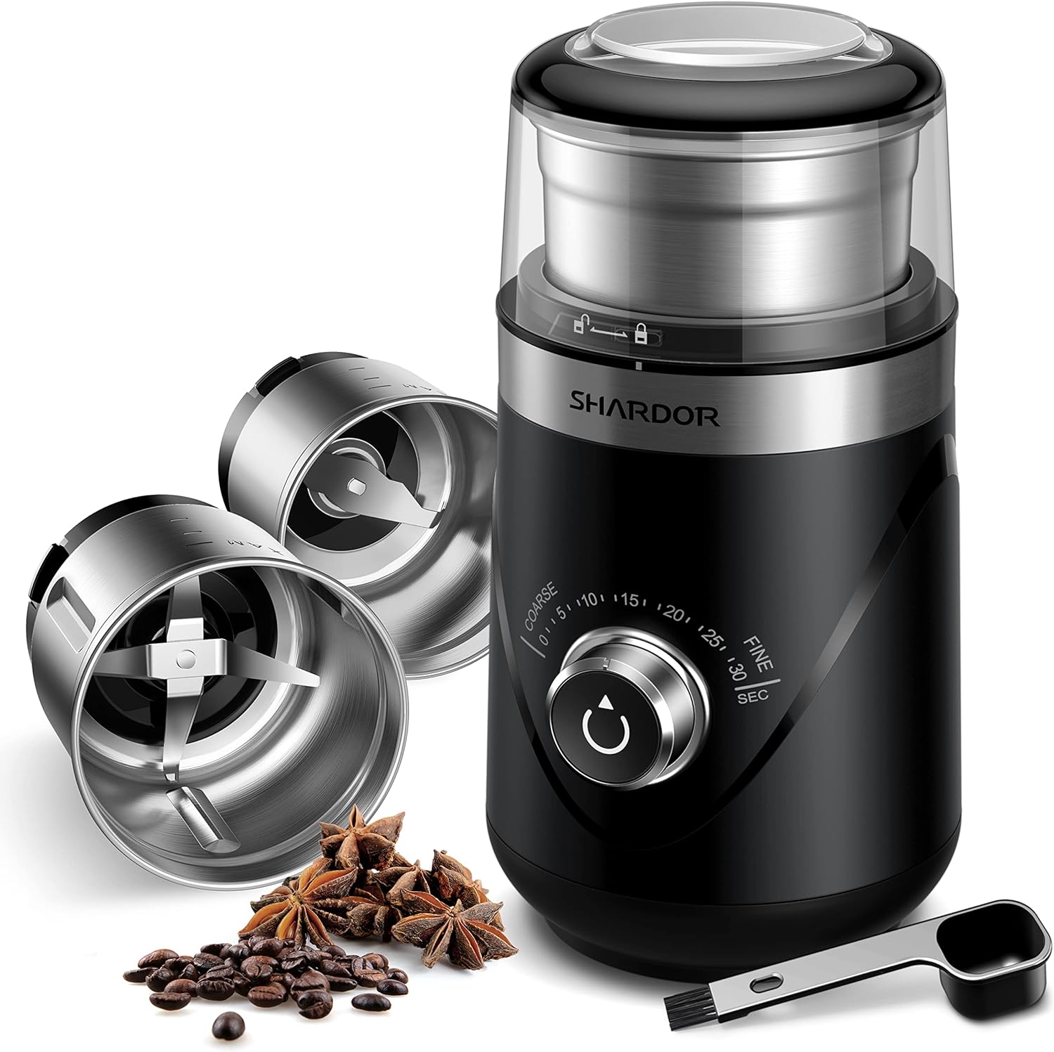 SHARDOR Adjustable Coffee Grinder Electric, Herb, Spice Grinder, Coffee Bean, Espresso Grinder with 2 Removable Stainless Steel Bowl, Black