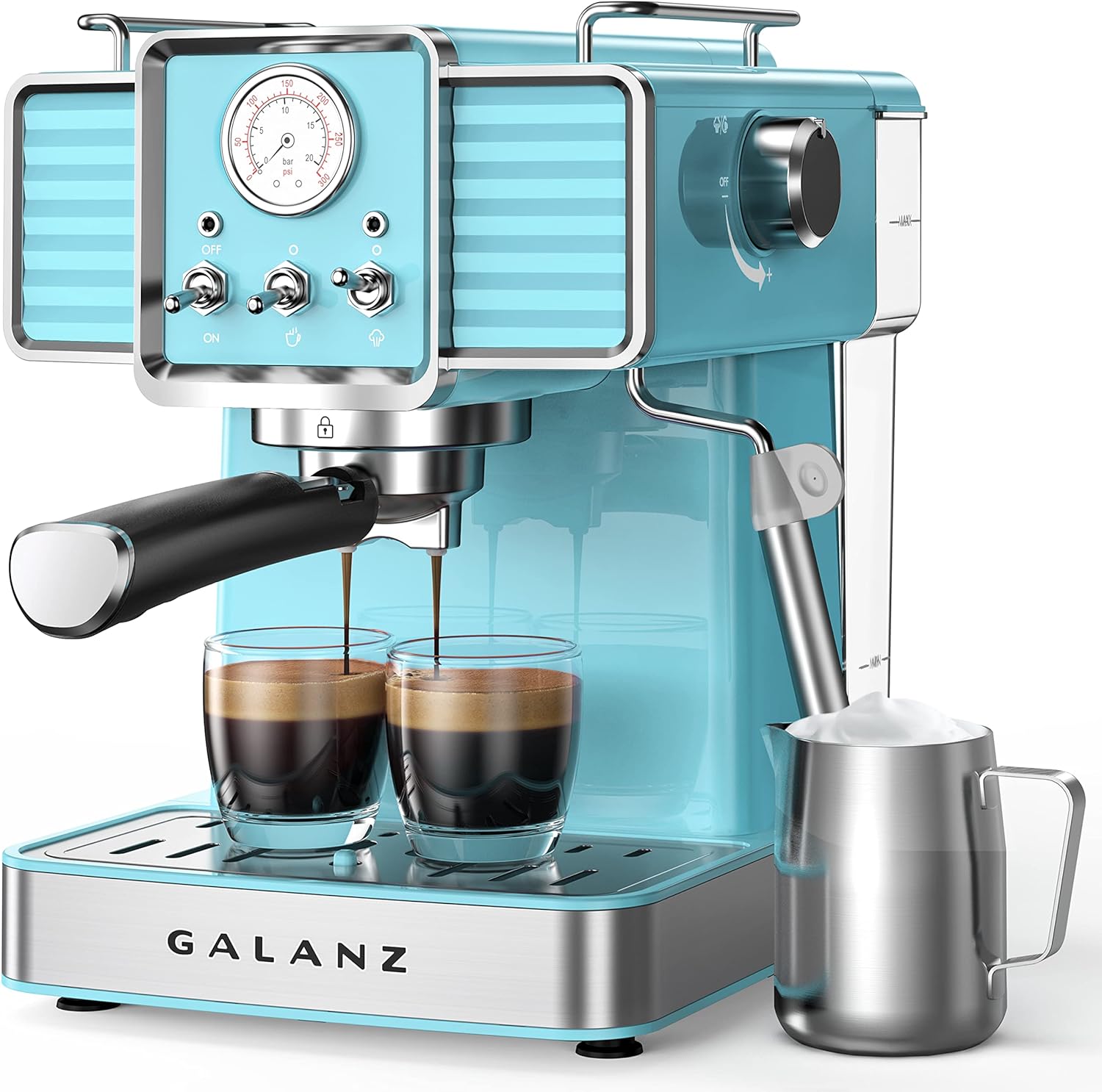 Galanz Retro Espresso Machine with Milk Frother, 15 Bar Pump Professional Cappuccino and Latte Machine, 1.5L Removable Water Tank, Retro Blue, 1350 W