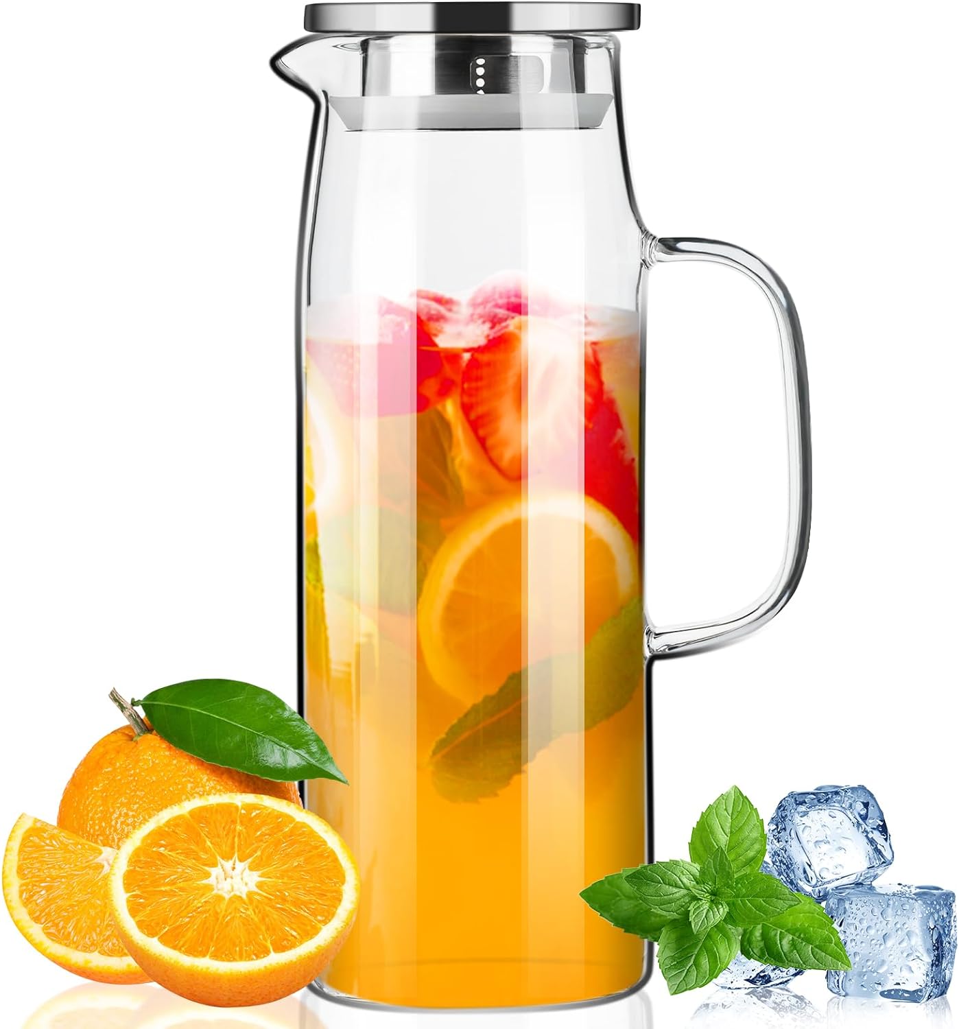 PARACITY Glass Pitcher with Lid and Spout 50oz/ 1.5L, Hot/Cold Water Pitcher, Iced Tea Pitcher for the Shelf of Fridge, Easy to Clean, High Borosilicate Glass Pitcher for Lemonde, Juice and Milk