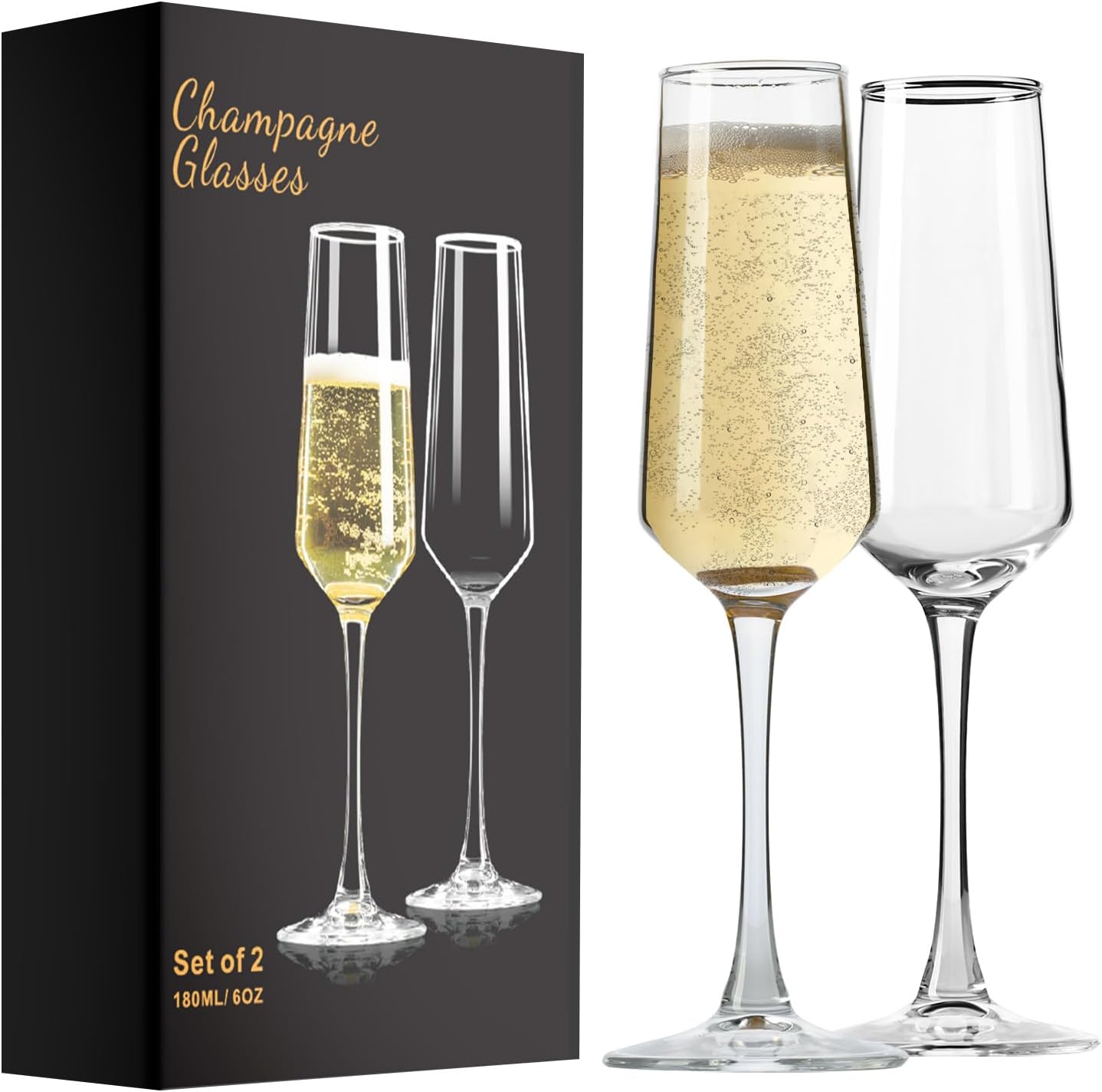 PARACITY Champagne Flutes, Crystal Champagne Glasses Set of 2, Elegant 6oz Glass Champagne Flutes, Gift for Birthday, Wedding, Christmas, Clear Sparkling Champagne Glasses for Women, Men