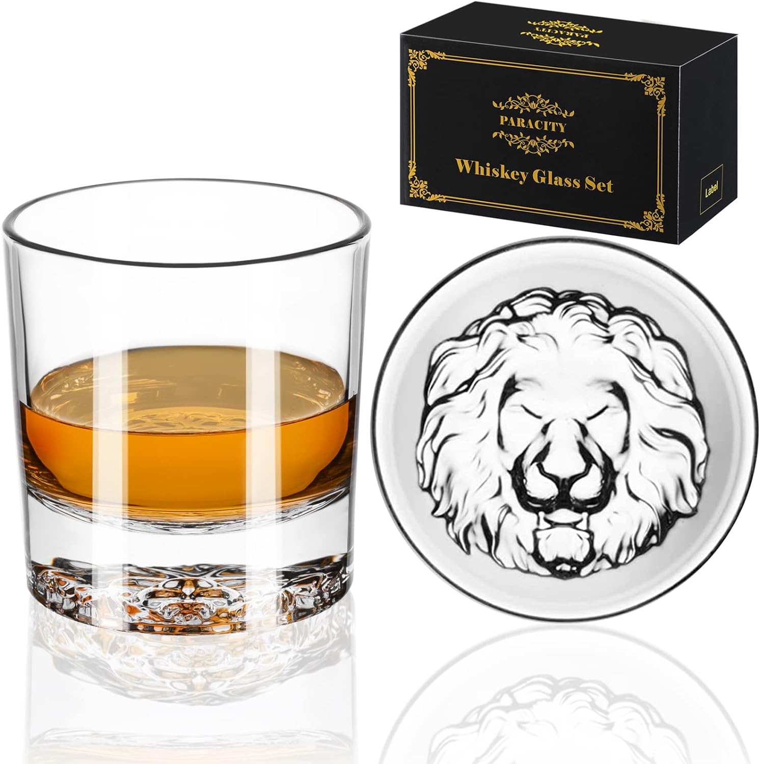 PARACITY Whiskey Glasses, Lion Pattern Thick Bottom, 10.6oz Old Fashioned Glasses for Whiskey, Gin, Vodka, Whiskey Glasses Set of 2, Gift for Men, Father' Day Gift