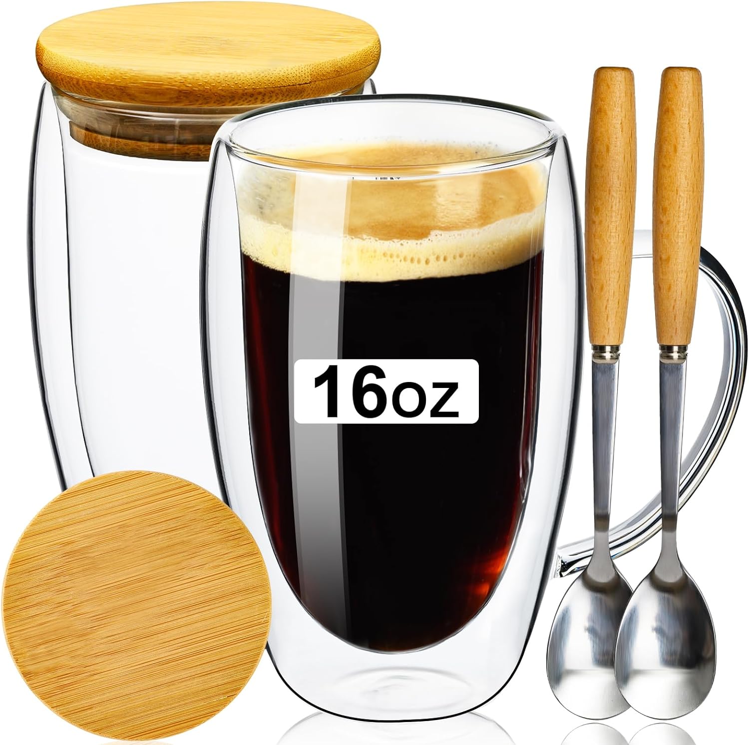 PARACITY Double Wall Glass Coffee Mugs 16OZ with Bamboo Lid/Spoon, Glass Coffee Cups Set of 2 with Handle, Insulated Clear Coffee Mug, Perfect for Latte, Cappuccino, Espresso, Hot Beverage, Tea